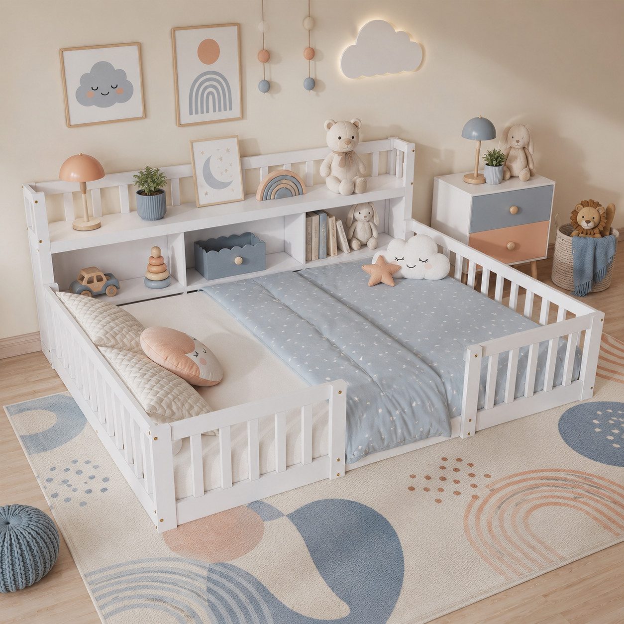Simurq Kinderbett Bodenbett 140x200 cm, Montessori Bett Mit Staufach Und Rausfallschutz (Set, Ohne Matratze), Gitterbett Spielbett Jugendbett Doppelbett Holzbett Für 2 Kinder