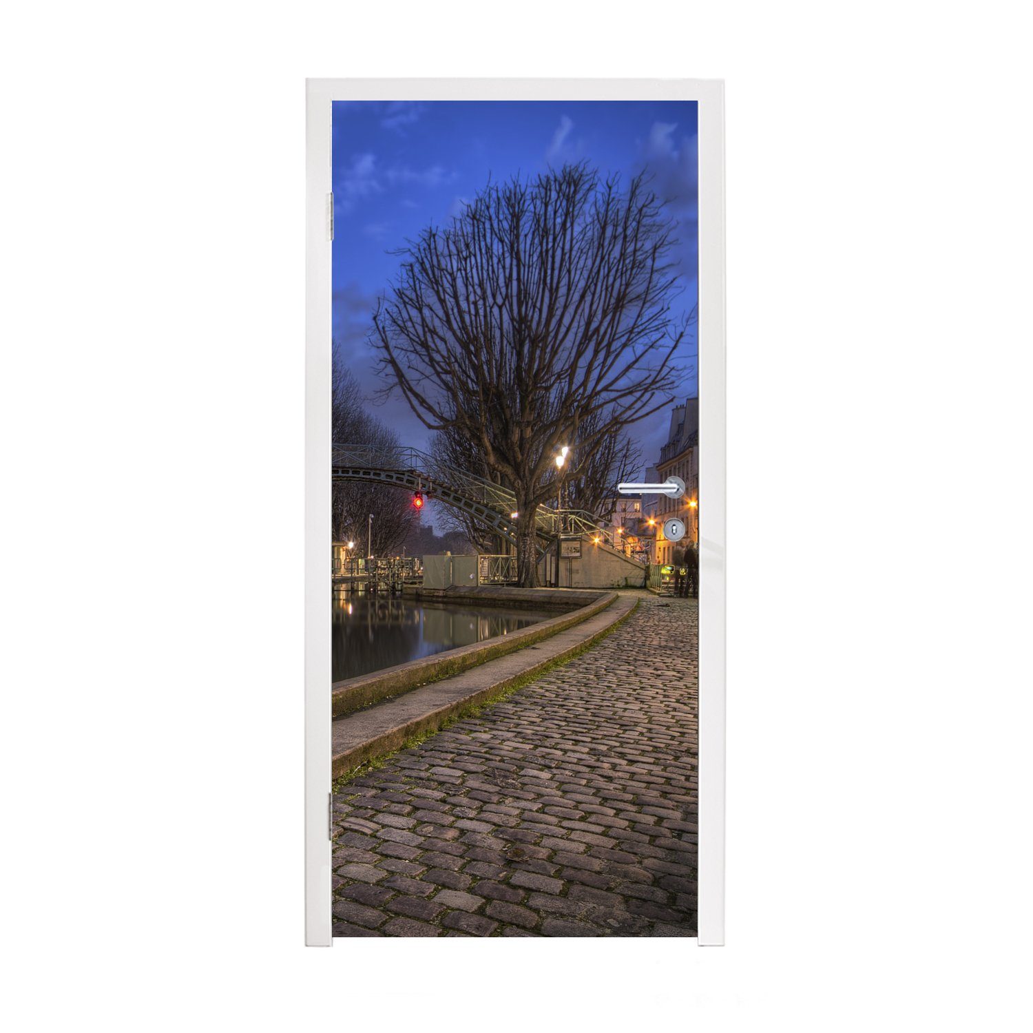 St), Bäume, Tür, Türaufkleber, für Türtapete Matt, 75x205 Fototapete - cm Paris - bedruckt, Nacht (1 MuchoWow