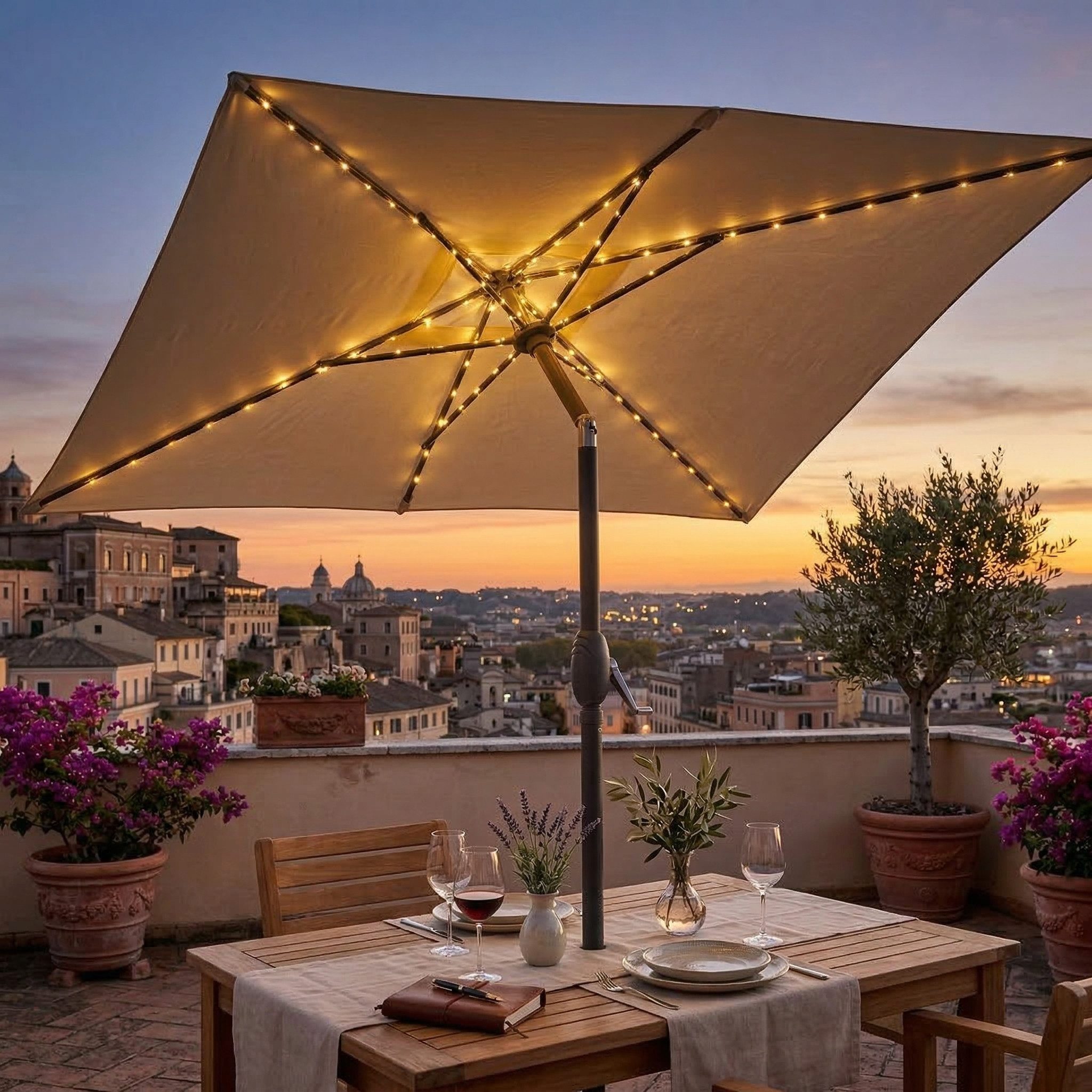 TOM Sonnenschirm mit Kurbel 140x210cm Rechteckig inklusive Kühltasche, Tragetasche, 34mm Standrohr, 180 g/m² Polyester