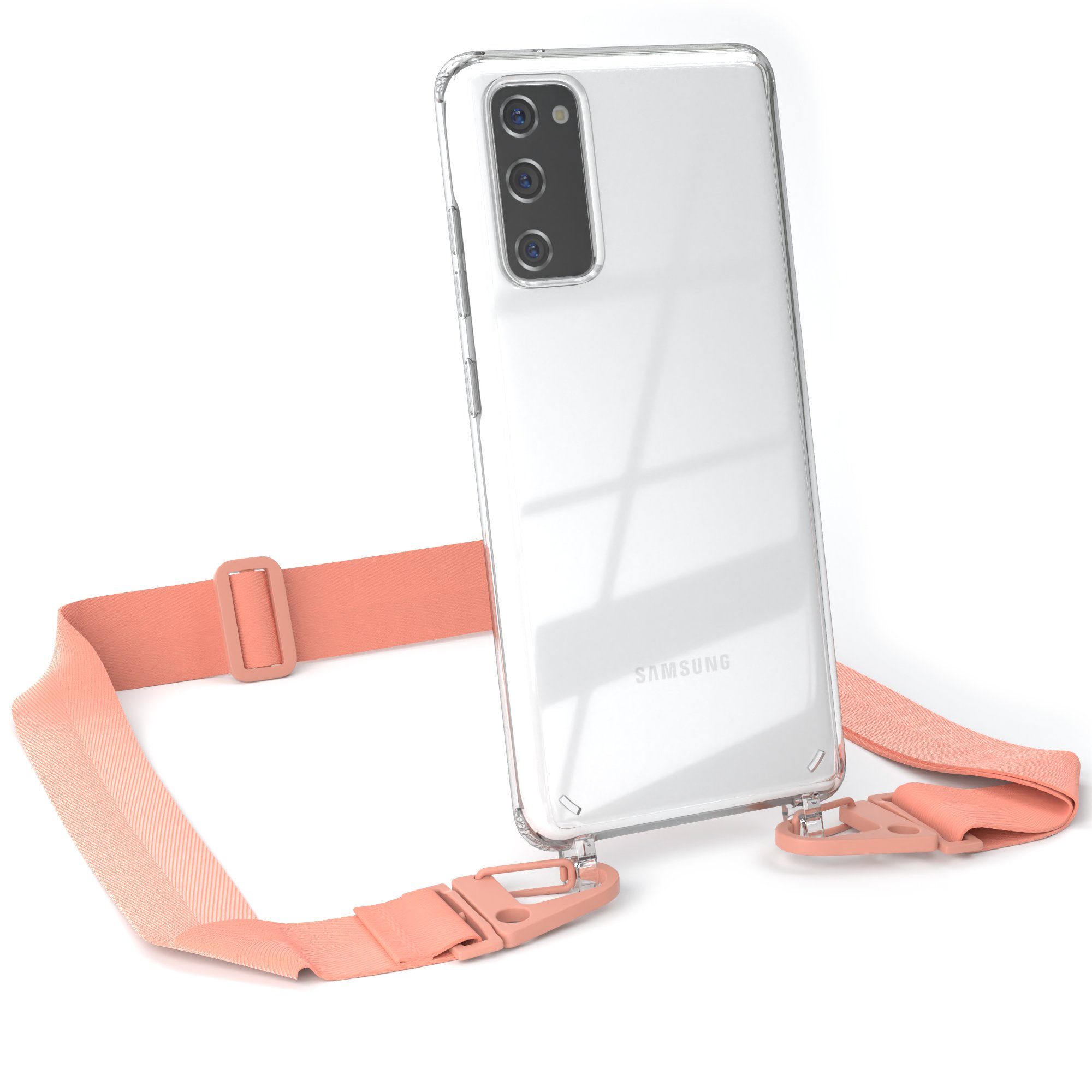 EAZY CASE Handykette Silikon Kette Karabiner für Galaxy S20 FE / 5G 6,2 Zoll, Silicon Handyhülle mit breiter Kette Carabiner Necklace Altrosa Coral