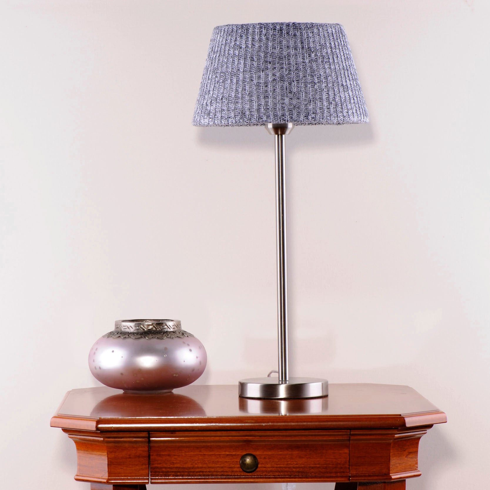 Dirk Davids Leuchten GmbH Tischleuchte Tischleuchte Nickel Matt Schirm Wolle Grau Tischlampe, E27