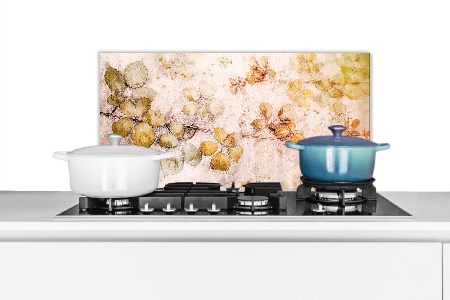 MuchoWow Küchenrückwand Blumen - Blätter - Kunst - Farbe, (1-tlg), 60x30 cm, Wandschutz, gegen Fett und Schmutzflecken für Küchen