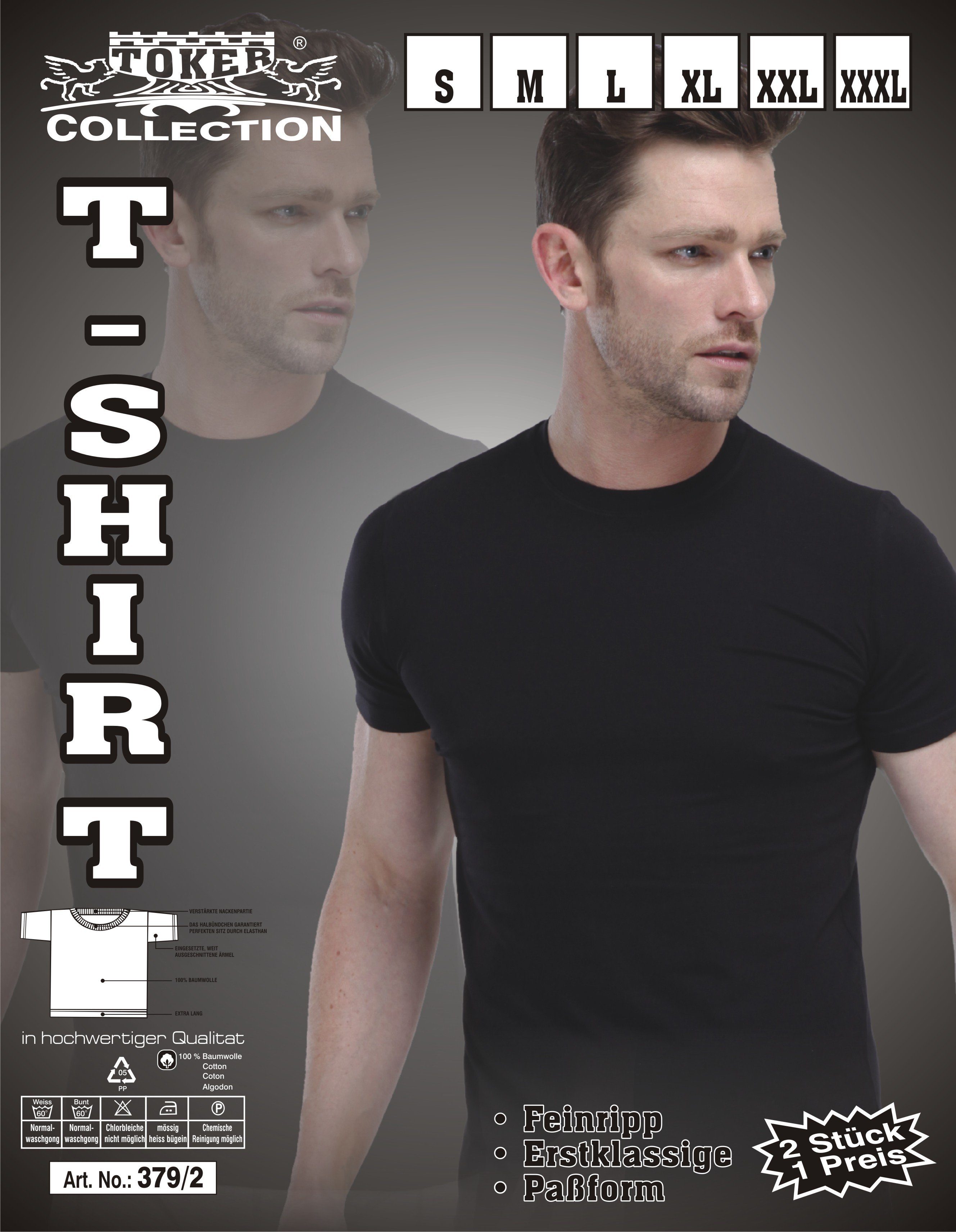 Toker Collection® T-Shirt Herren Basic in Unifarbe, 2er Schwarz aus T-Shirt Ausschnitt Pack Baumwolle 2er-Pack) (Packung, Rundhals