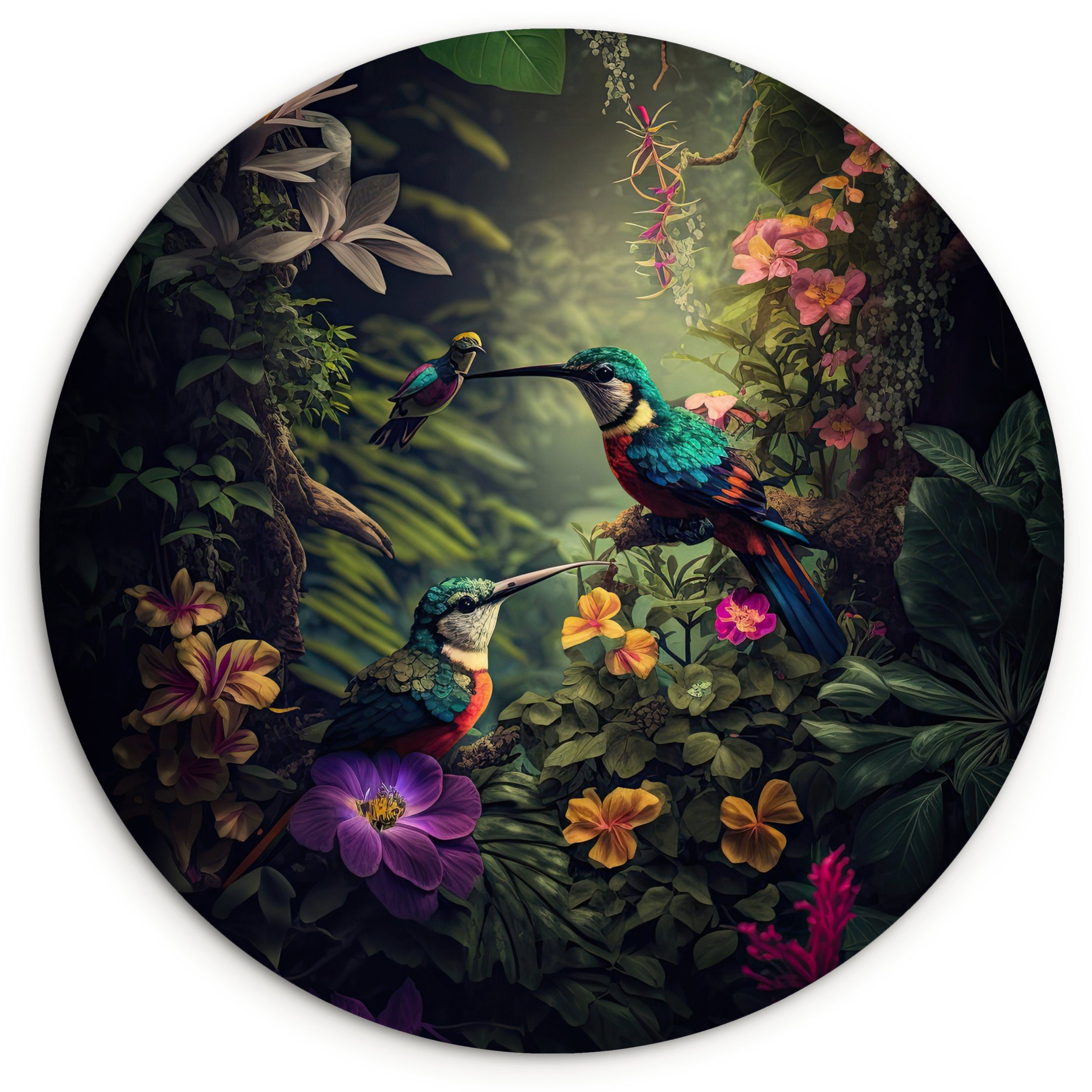 MuchoWow Gemälde Blumen - Vogel - Dschungel - Pflanzen, Fotodruck (1 St), Kreis Wanddekoration, Rundes Wandbild, 30x30 cm