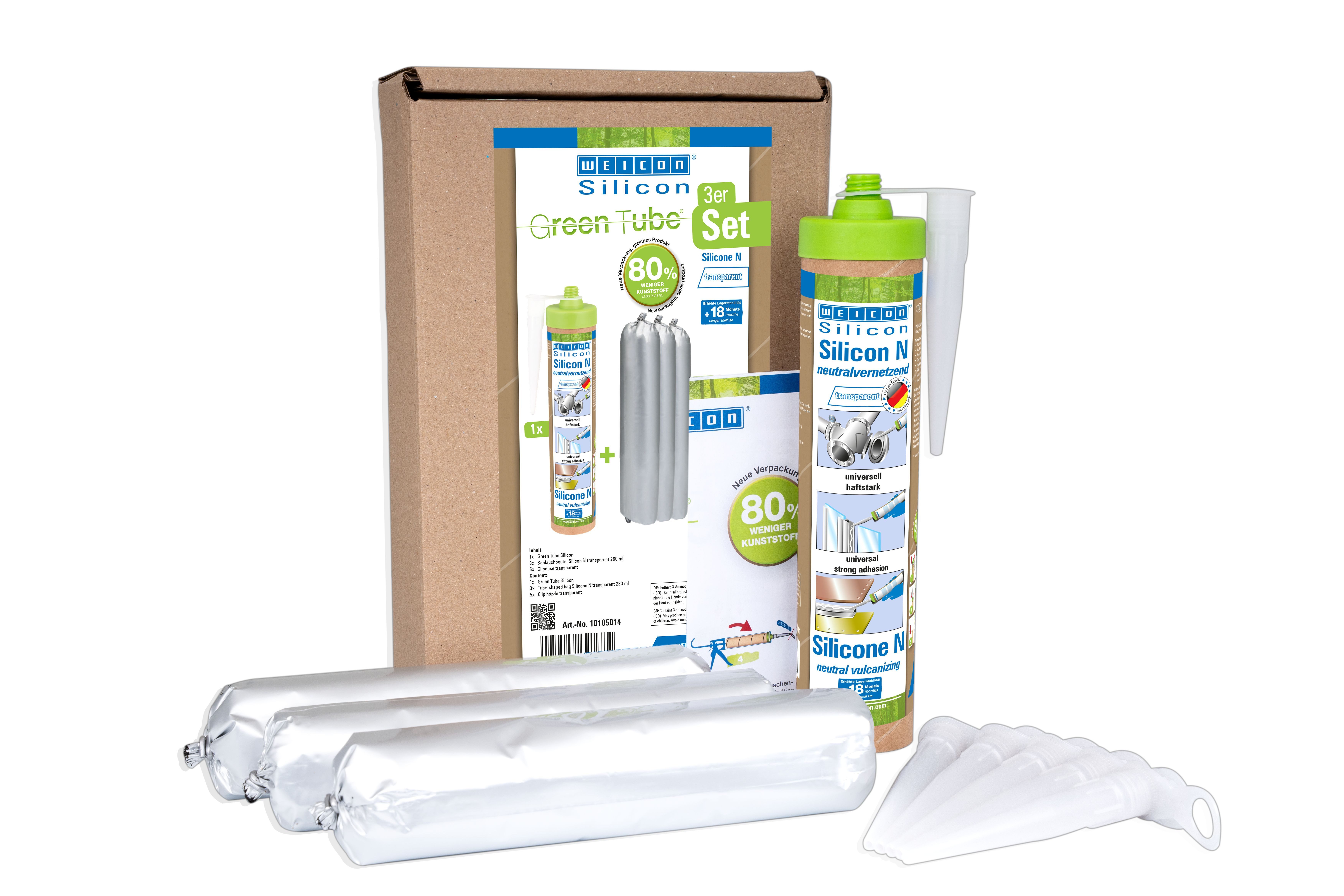 WEICON Dichtstoff Green Tube Silicon N, (3-tlg), lösemittelfrei, neutralvernetzend, nicht korrosiv, haftstark
