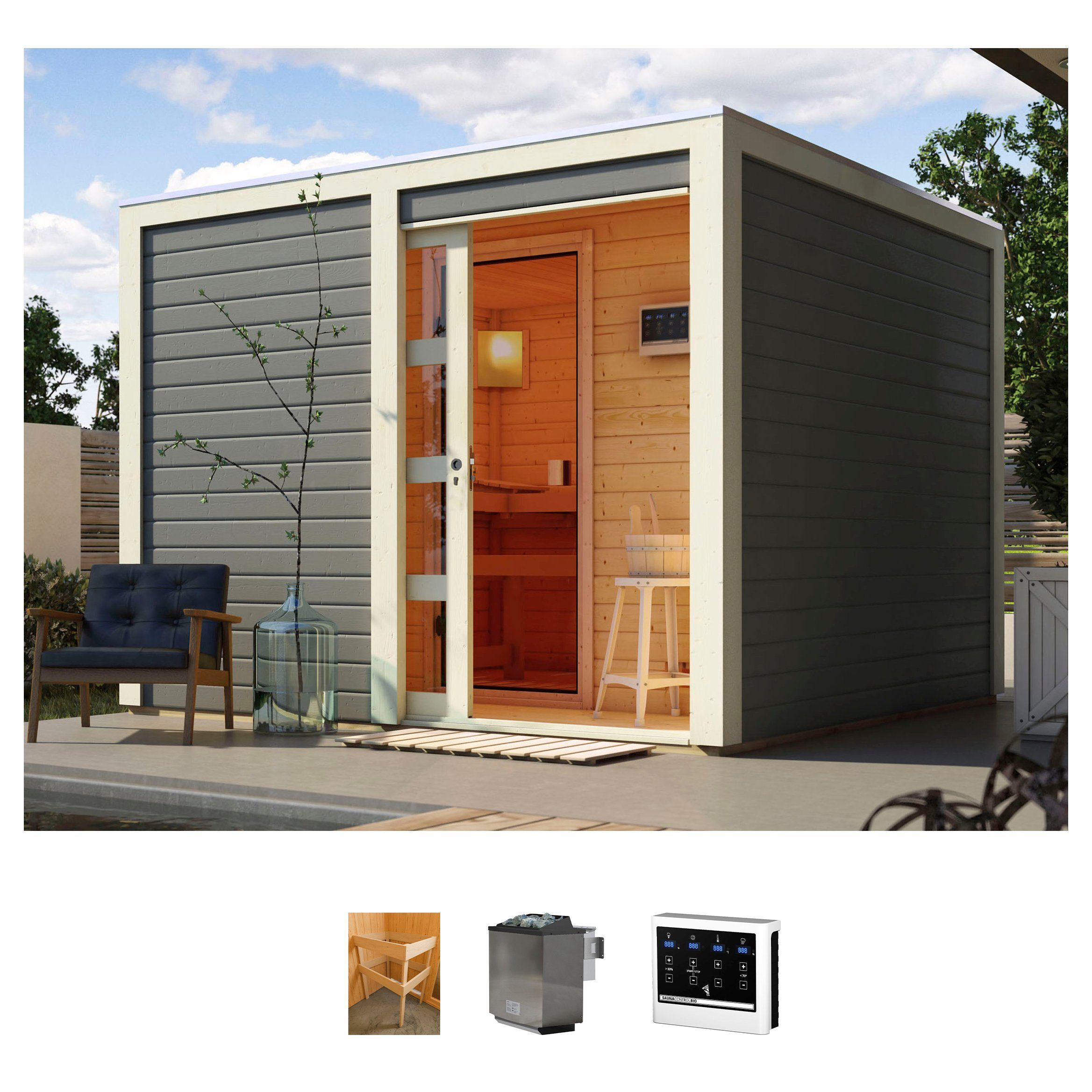 KONIFERA Saunahaus Ruben, BxTxH: 276 x 276 x 210 cm, 38 mm, (Set) Ofen 9 kW Bio externe Strg easy