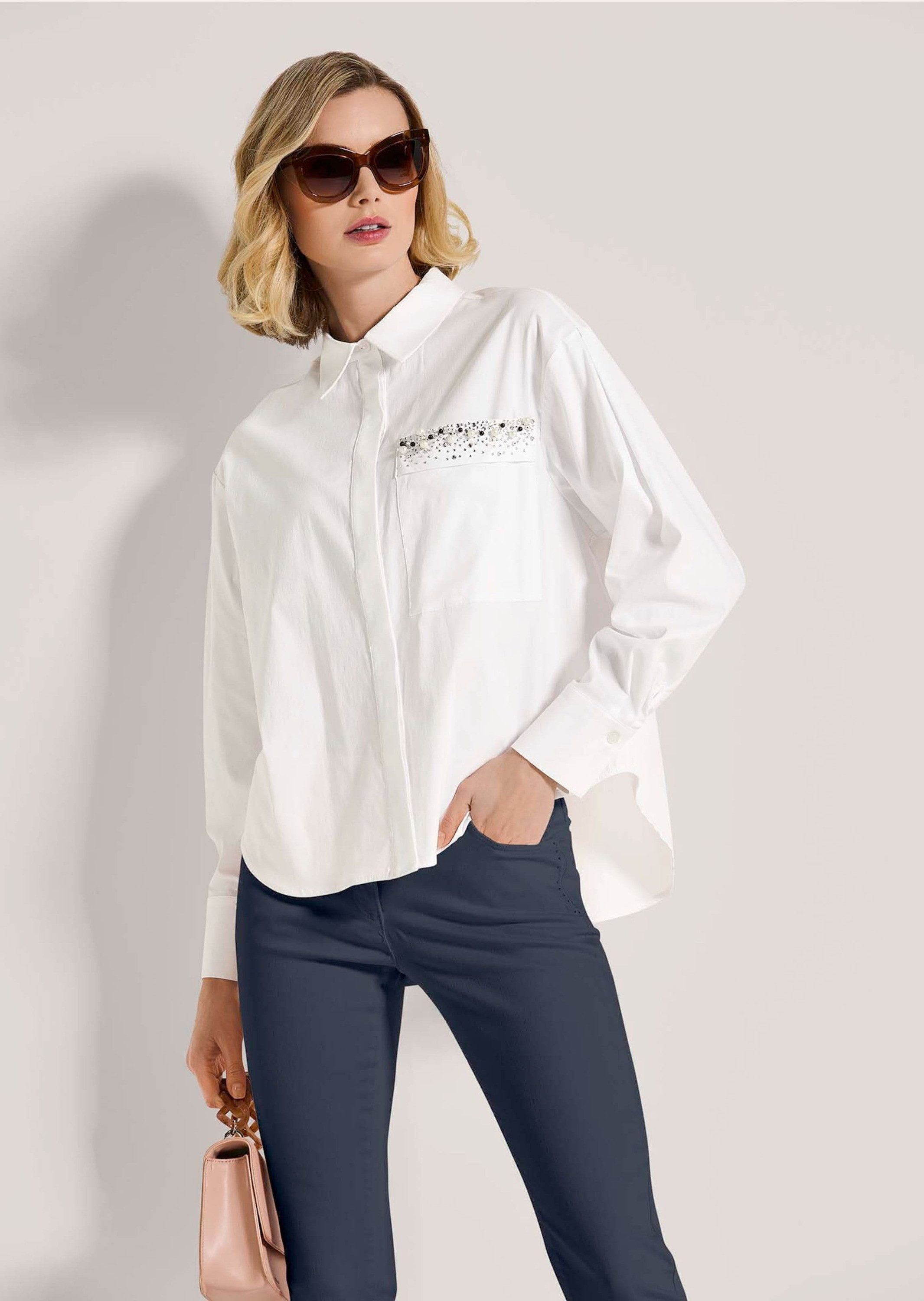 MADELEINE Langarmbluse Elegante Bluse mit Strassdetails Langarm mit verdeckter Knopfleist und Kellerfalte