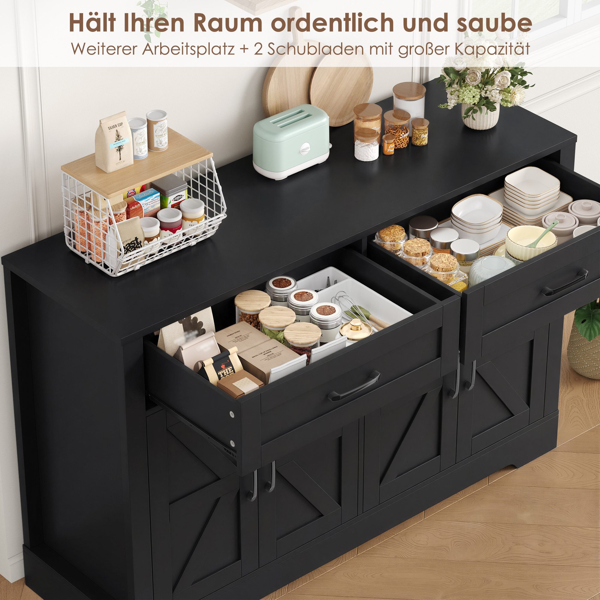 HOMECHO Buffet 120cm Küchenschrank mit 2 Schubladen 4 Türen