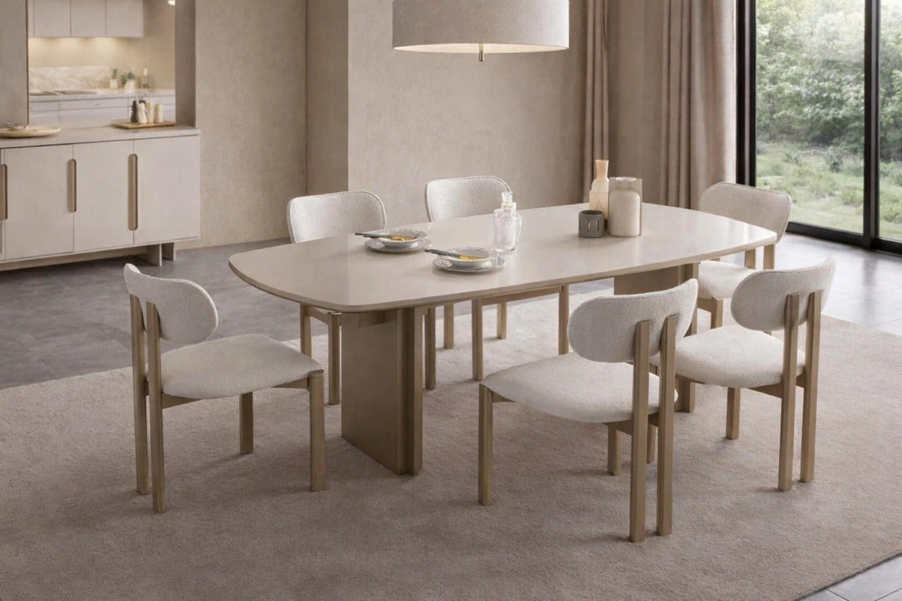 Xlmoebel Essgruppe Beige Esszimmergruppe mit großem Tisch und gepolsterten Stühlen, (Essgruppe, 7-tlg., Essgruppe 1 Tisch, 6 Stühle), Made in Europa