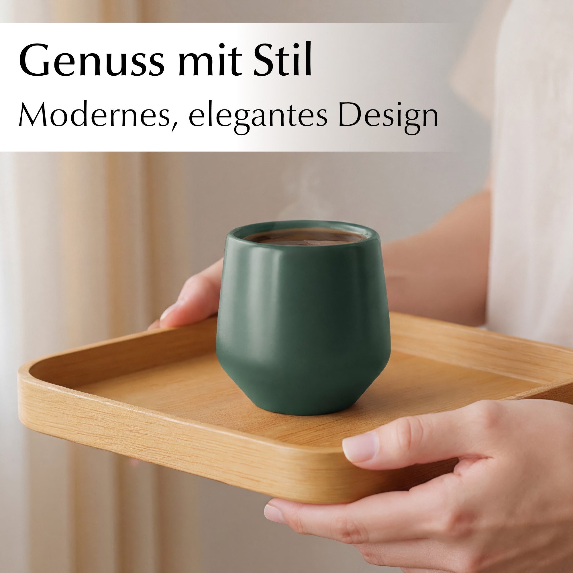 MiaMio Espressotasse Luxe ohne Henkel, 90 ml, Evergreen Grün, 4-tlg., Keramik, Ristretto & Doppio, dickwandig, modern
