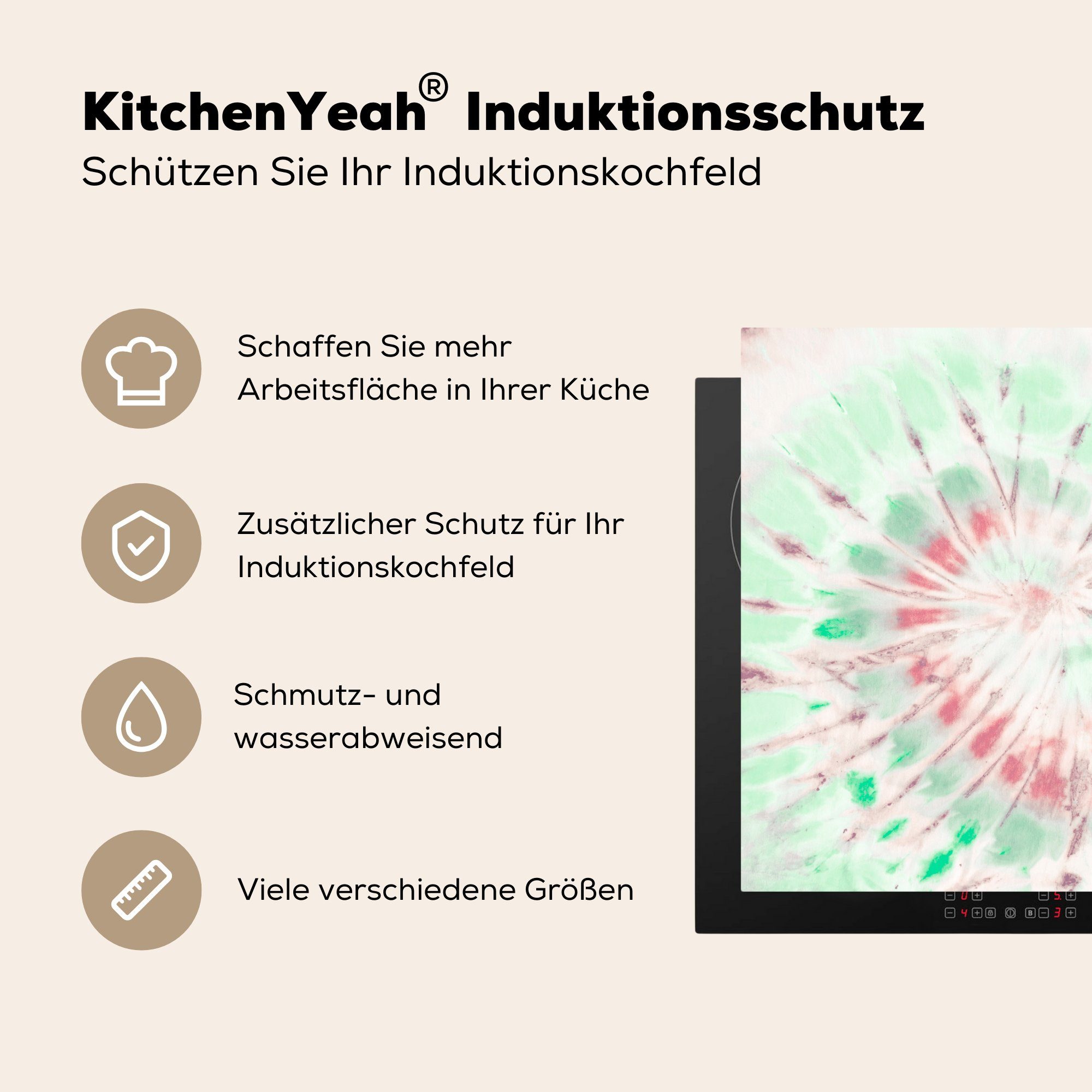 Herdblende-/Abdeckplatte Grün, Ceranfeldabdeckung, cm, - MuchoWow 78x78 - für tlg), (1 Vinyl, Hippie Krawattenfärbung küche Arbeitsplatte