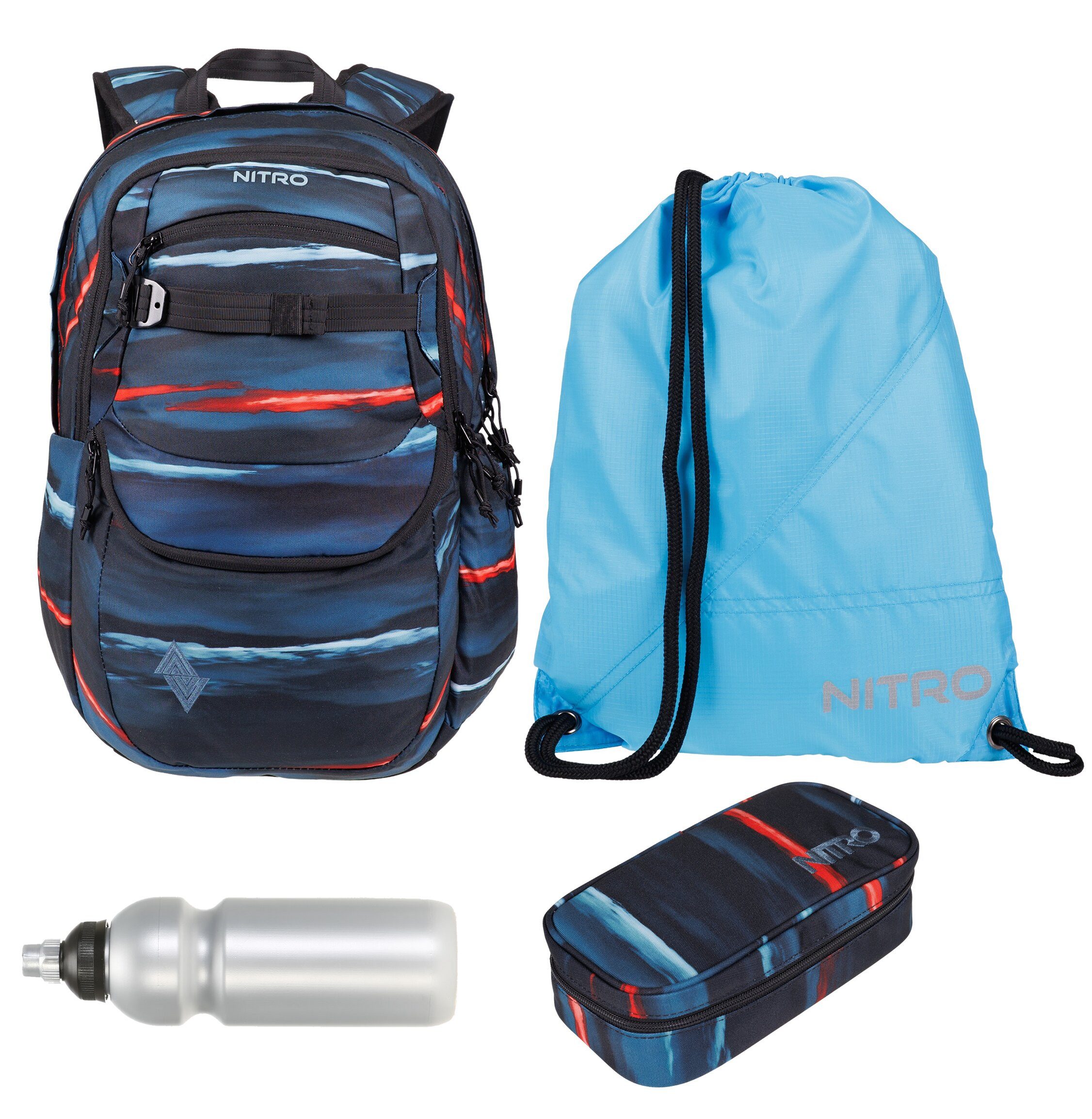 NITRO Schulrucksack Jungen Mädchen Future Hero Schultasche Rucksack (4 Teile Set, inkl. Mäppchen Box, inkl. Sportbeutel, inkl. Trinkflasche), viel Stauraum Laptopfach 2 Hauptfächer Daypack Auswahl rmtf