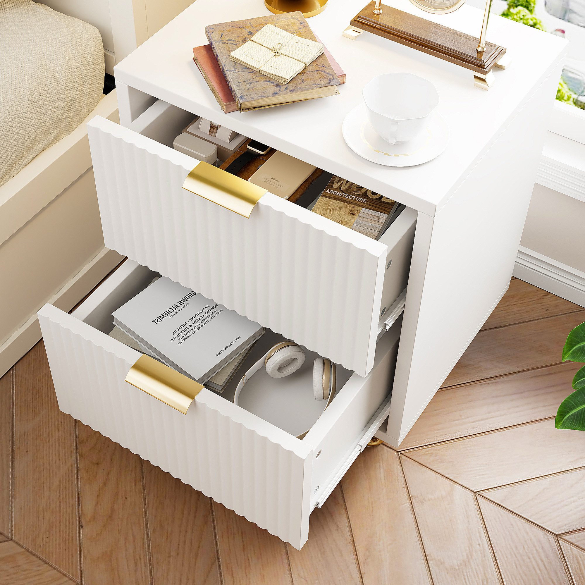 zebery Nachttisch Nachtschrank mit 2 Schubladen (Set, 2-St), 40x40x55 cm,2er-Packung,Metallgriffe und Stützbeine,Weiß