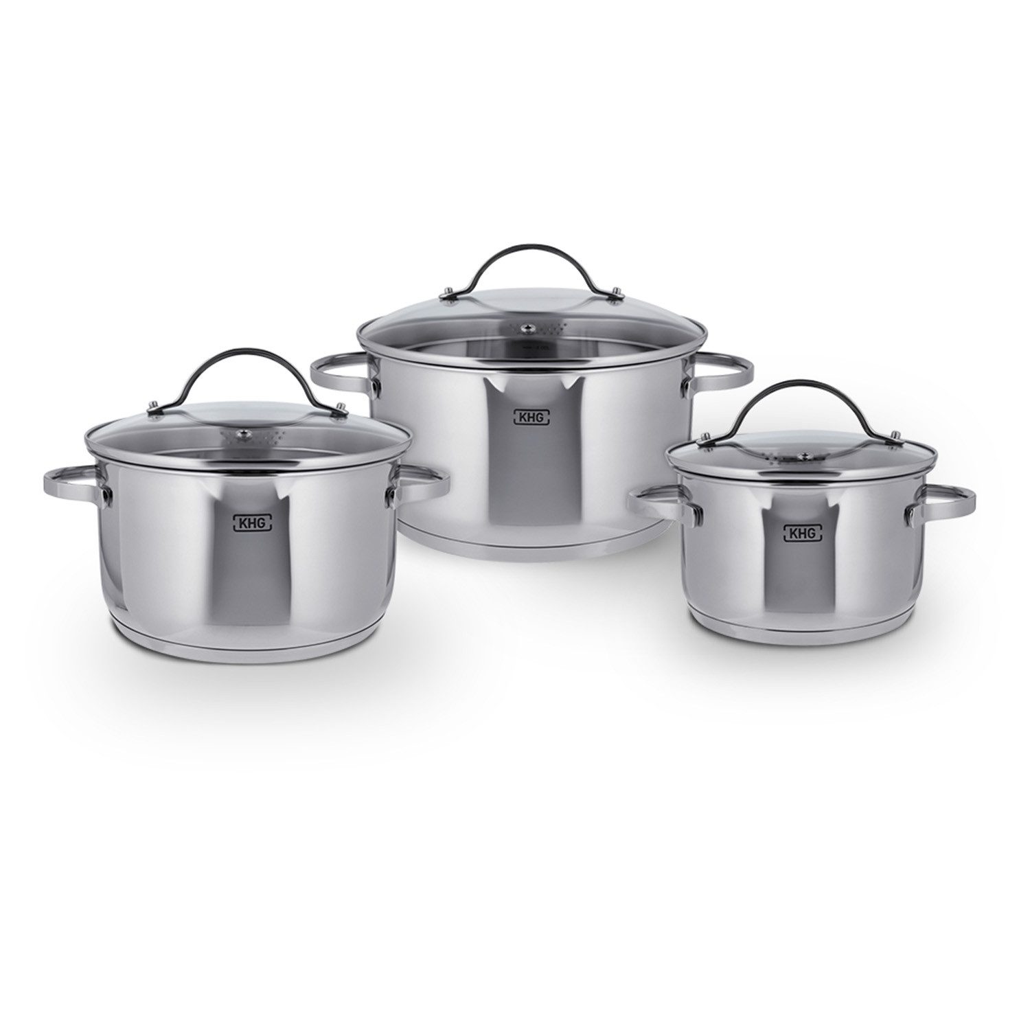 KHG Topf-Set mit Glasdeckeln, für alle Herdarten inklusive Induktion, Edelstahl (Topf-Set, 6-tlg), Sieb & Dampfloch im Deckel, Ausgusslippe im Topfrand, Innenskala
