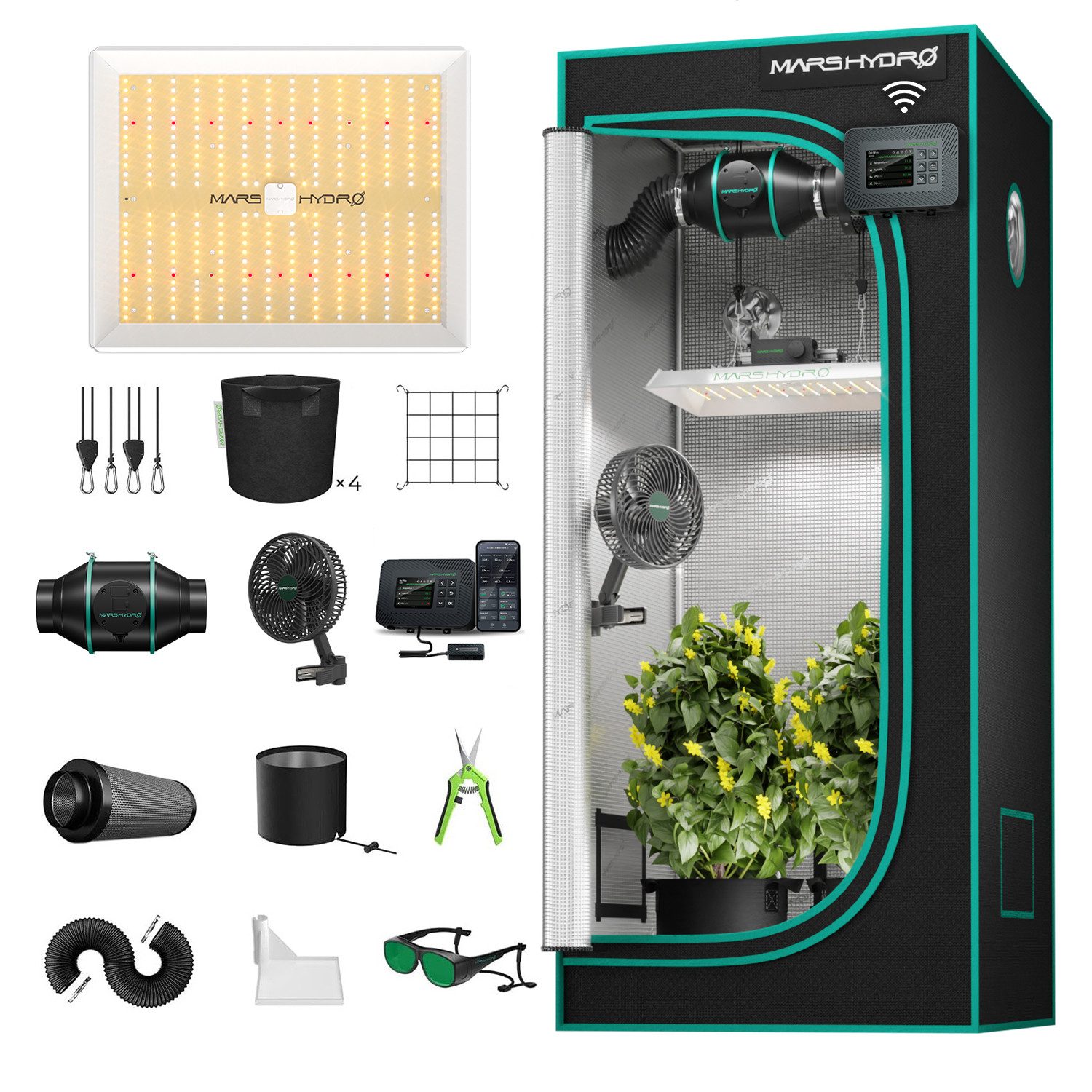 Mars Hydro Gewächshaus Mars Hydro Growbox Komplettset Smart, BxTxH: 80 x 80 x 160 cm, BxLxH: 80 x 80 x 160 cm, TS1000 LED 150W mit iControl Smart Controller und Abluftsystem