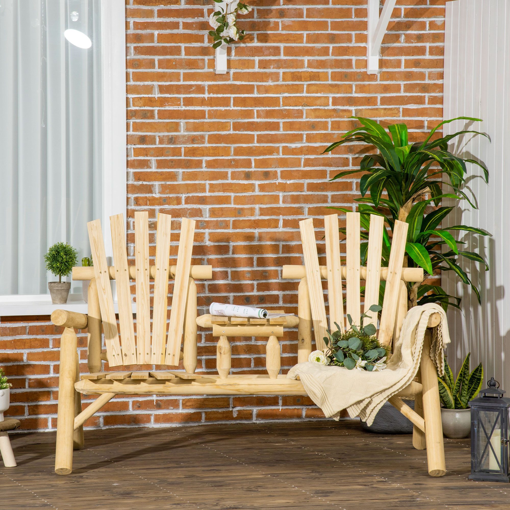 Outsunny Gartenstuhl Gartenbank mit Tisch, Sitzbank, 2 Stühle, Massivholz (Holzbank, 1 St), für Garten, Naturholz