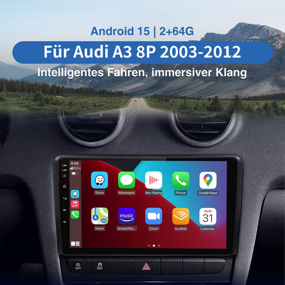 ESSGOO Für AUDI A3 8P 2003-2012 Android 15 Carplay GPS Navi Autoradio (RDS, Digitalradio (DAB), FM, AM, 2 DIN Carplay Bluetooth Navigationsgeräte Rückfahrkamera(optional)