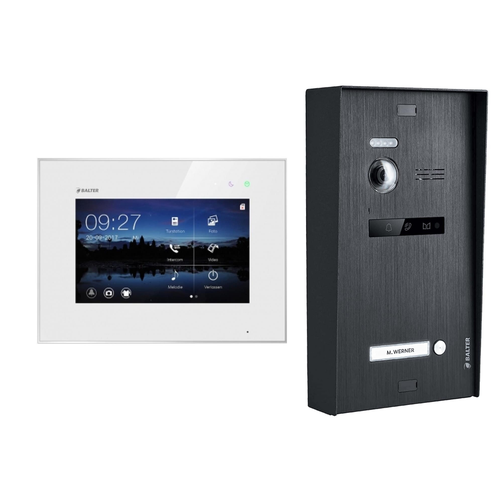 Balter Video-Türsprechanlage BALTER EVO Aufputz Türsprechanlage 1-Familienhaus Schwarz Weiß (Set, 1-Familienhaus, Komplettset, Analog 150° Kamera, Touchscreen-Monitor)
