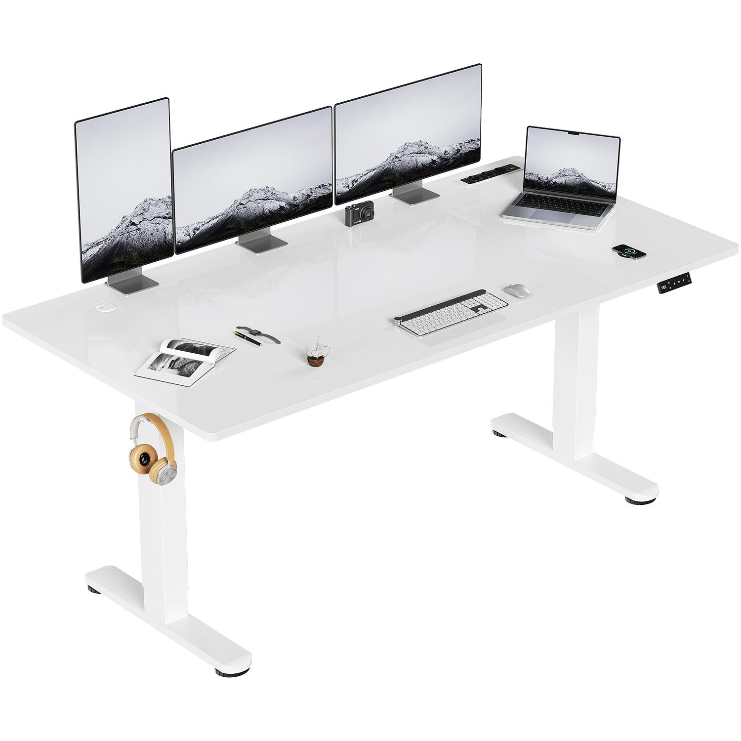 HOMALL Schreibtisch Höhenverstellbar mit 3-Buchsen und 2-USB-Ports mit kabellosem Laden (Verbreiterter Desktop 140*70cm 160/180*80cm, mit Kabelaufbewahrungsbox)