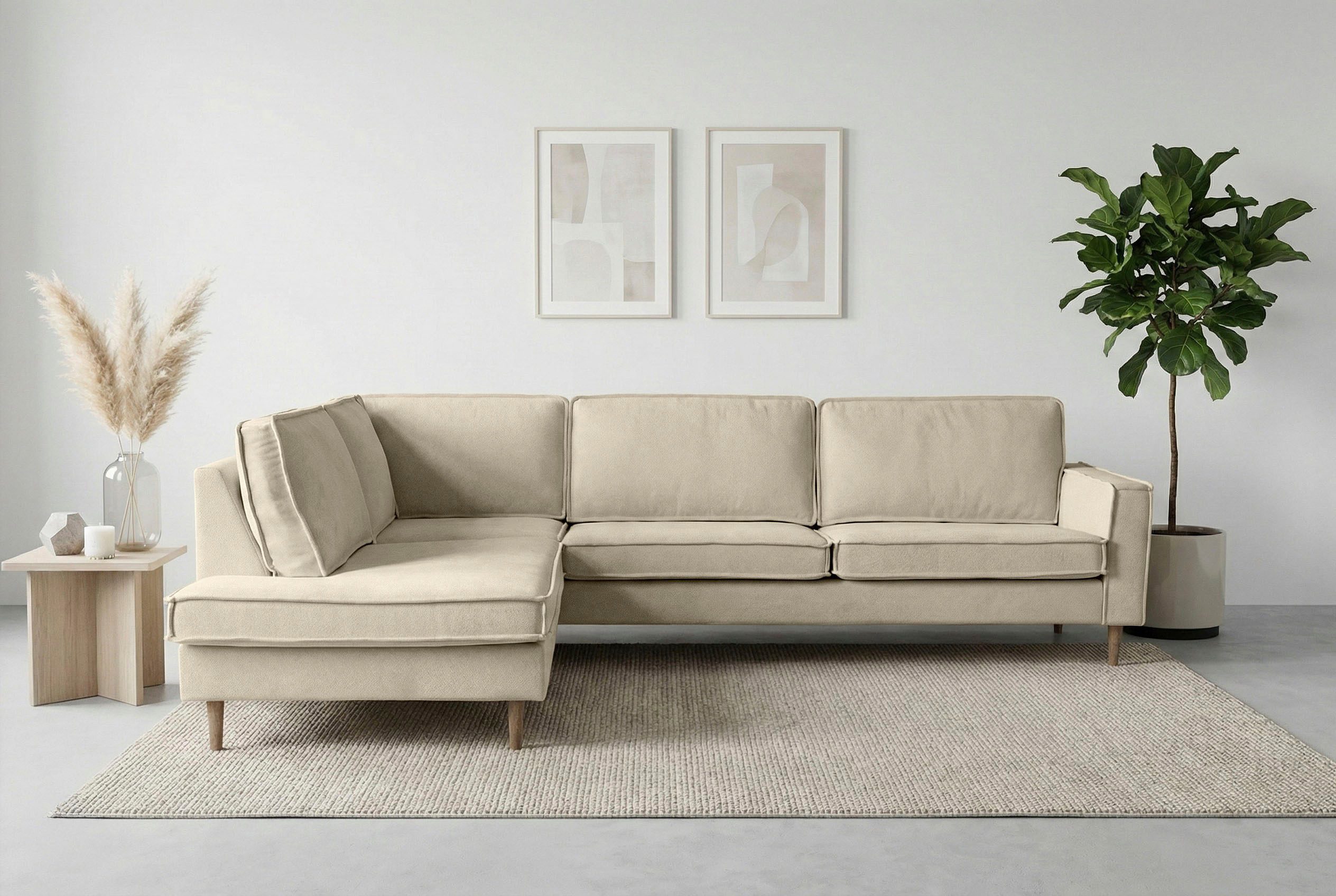 Home affaire Ecksofa Pinto Skandi, 290 cm, Chenille, Struktur, Ottomane links / rechts, mit Keder, Massivholzfüße Eiche geräuchert, Wellenunterfederung