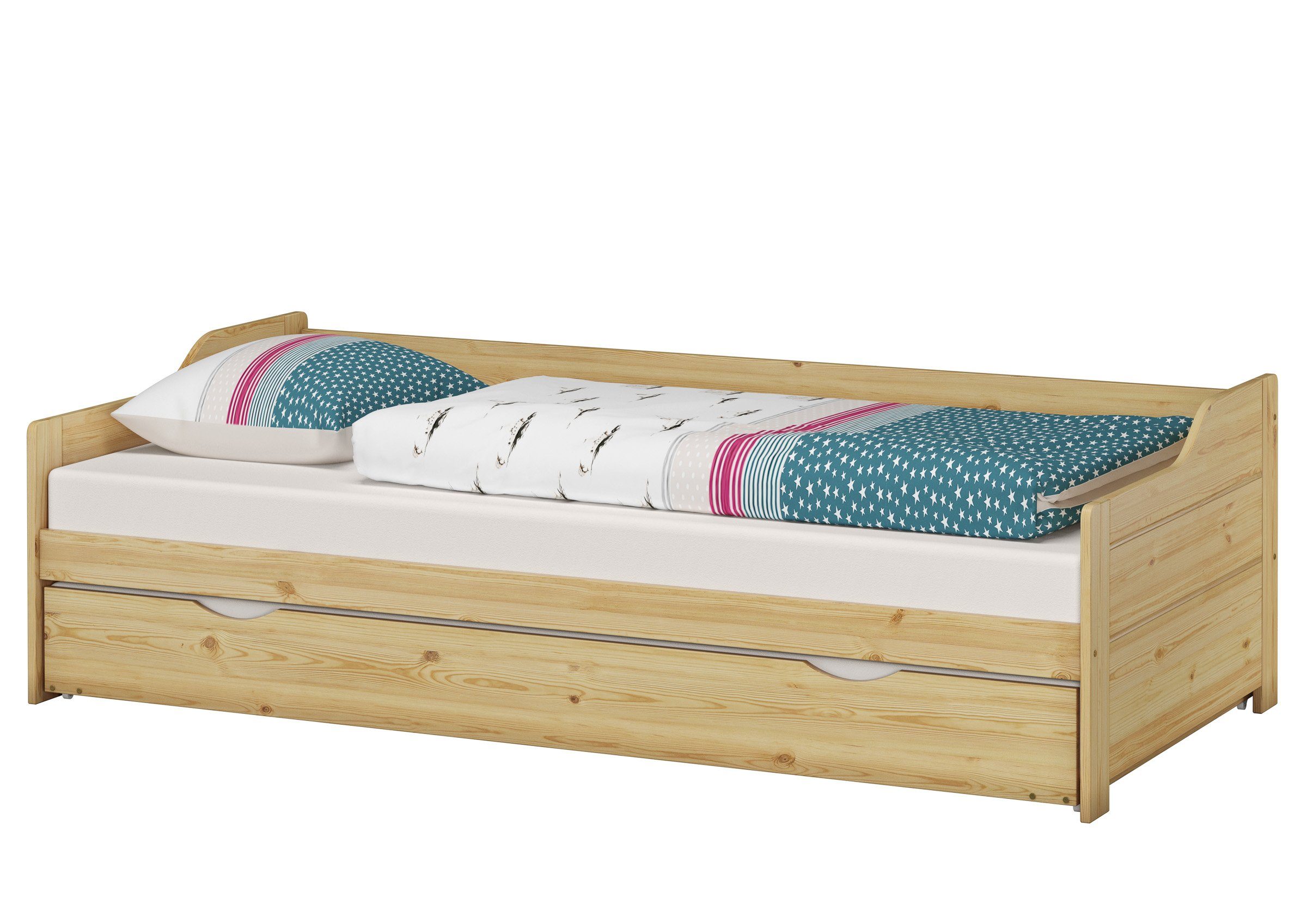 ERST-HOLZ Bett Ausziehbett Massivholz Kiefer 100 x 200 mit Rost und Matratze, Kieferfarblos lackiert