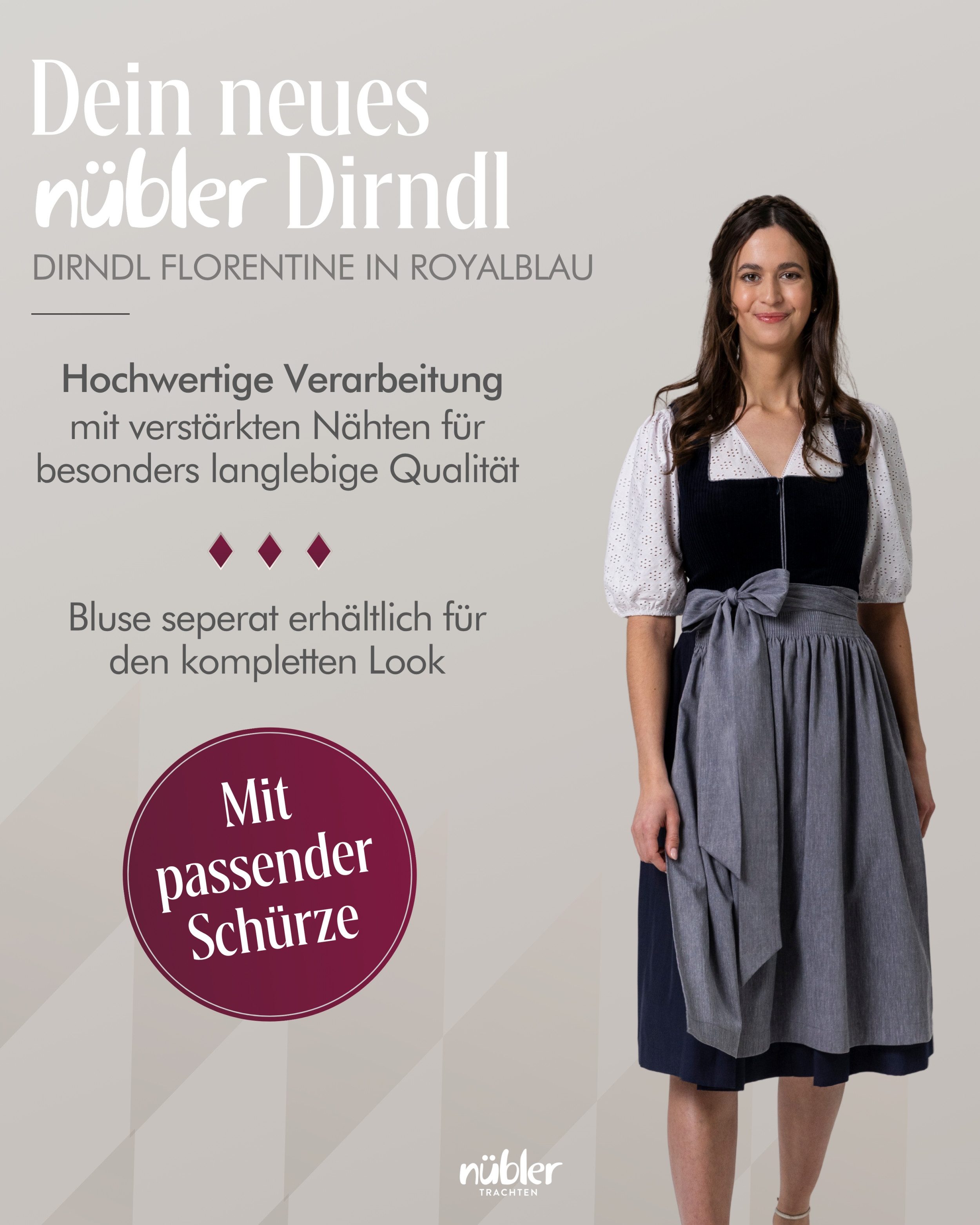Nübler Dirndl Maxidirndl Florentine in Saphirblau von Nübler - Rocklänge 70 cm