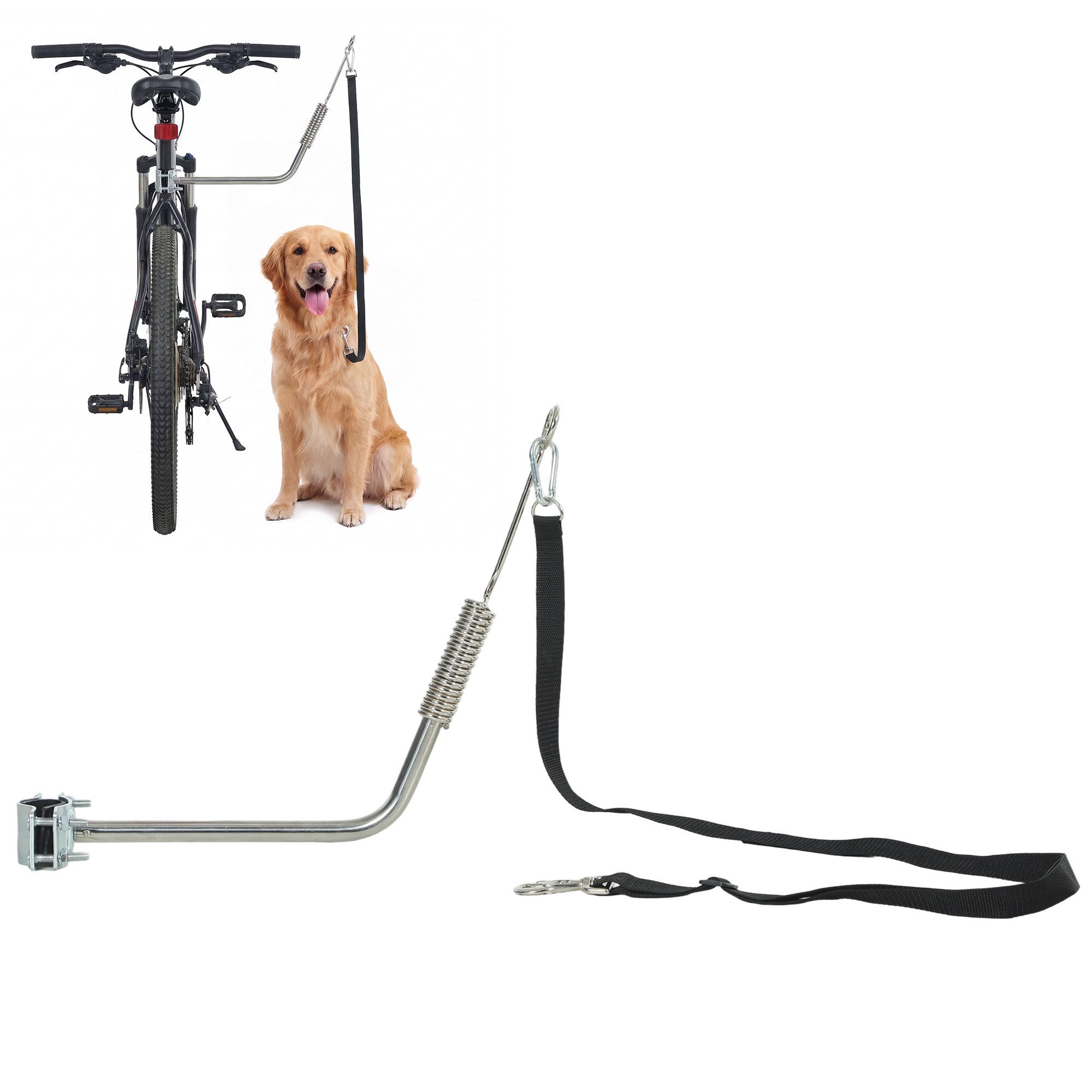 PawHut Fahrradleine mit Stoßdämpfern, verstellbarem Gurt, abnehmbarem Schnellverschluss, Edelstahl, Nylon (Hundefahrradleine, 1-tlg., Fahrrad Hundeleine), für Training, Joggen, Radfahren, Silber+Schwarz