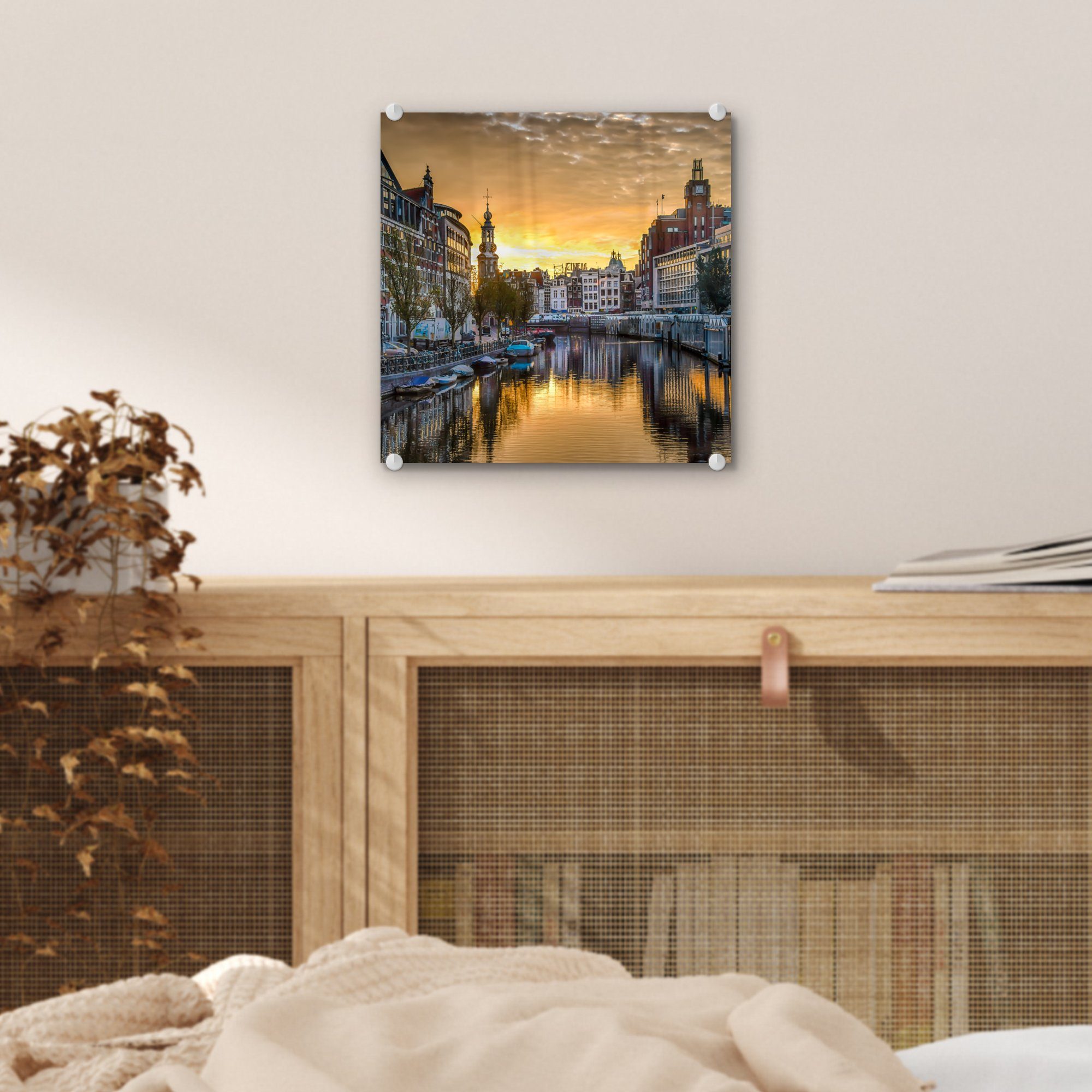 MuchoWow - Amsterdam, über auf Acrylglasbild St), Sonnenuntergang Wandbild auf in Foto - Glas Glasbilder - (1 Wanddekoration den Munttoren Bilder Glas