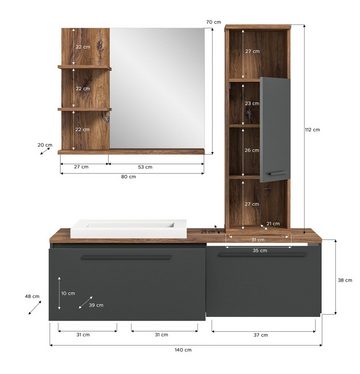 Furn.Design Badmöbel-Set Ramon, (Badezimmer in grau mit Eiche, 4-St., Komplett-Set), mit Soft-Close, inklusive Waschbecken
