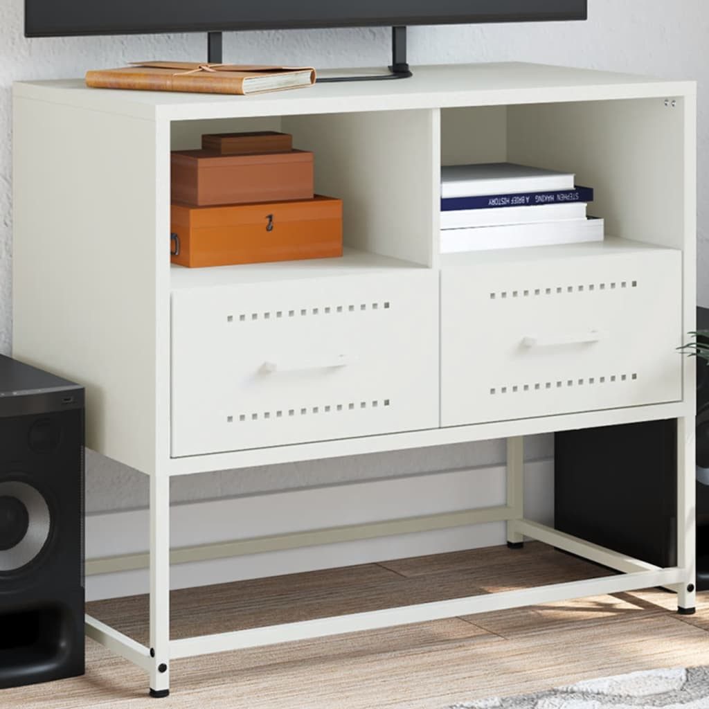 furnicato TV-Schrank im Industrie-Stil 68 x 39 x 60,5 cm in Weiß (1-St) TV-Lowboard mit 2 Schubladen und offenen Fächern für das Wohnzimmer