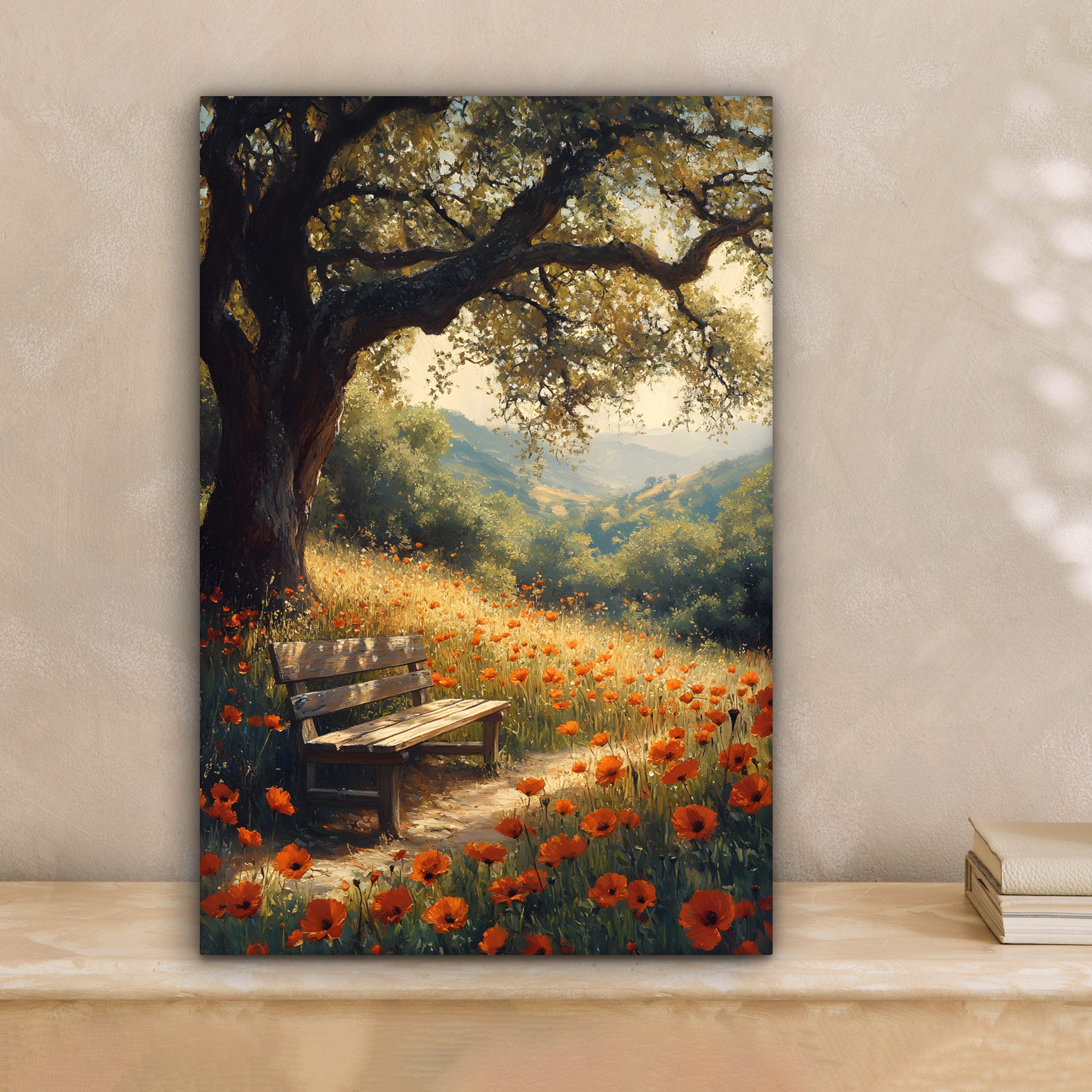 OneMillionCanvasses® Leinwandbild Bank - Baum - Mohnblumen - Hügel, Fotodru günstig online kaufen