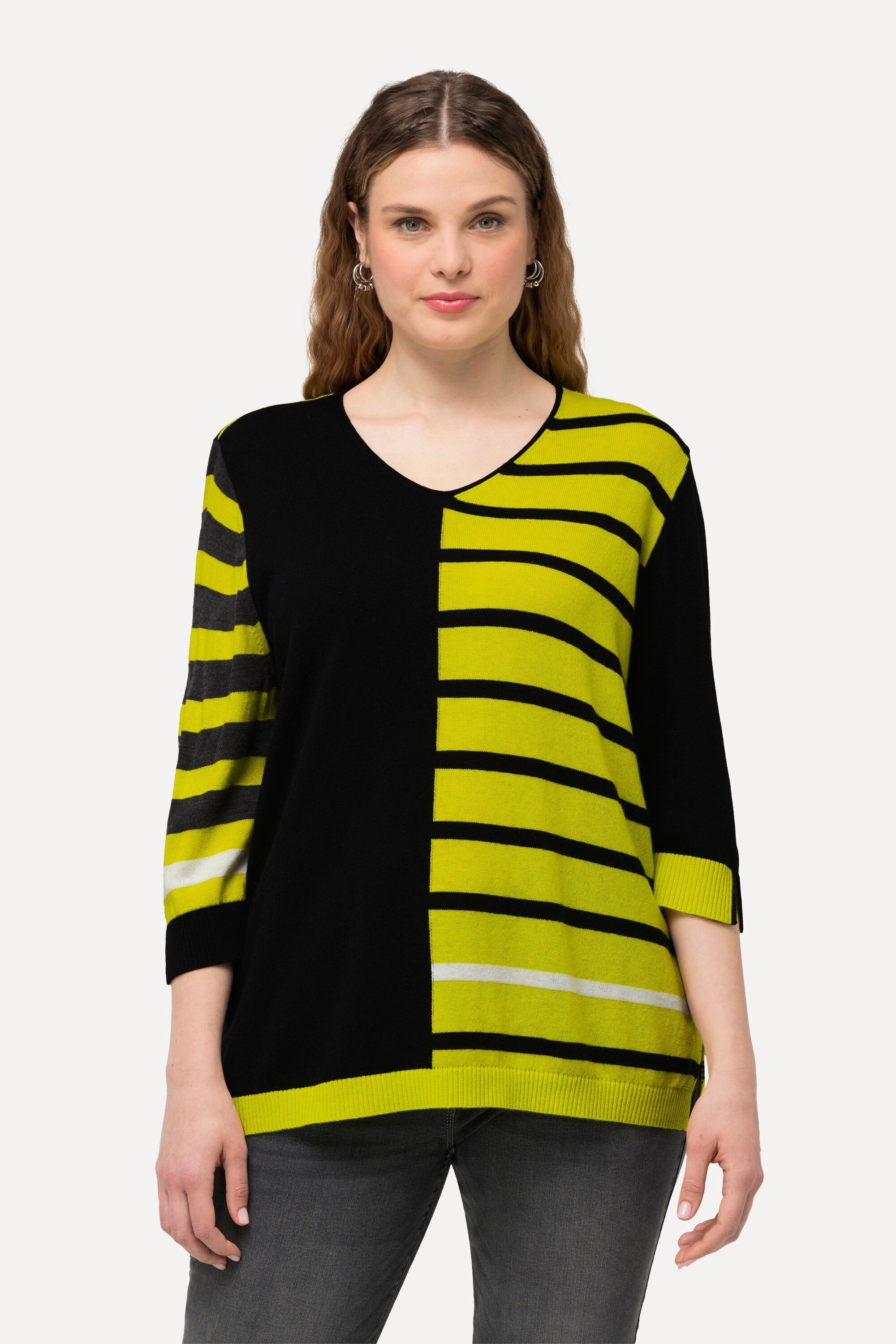 Strickpullover Pullover Colorblocking V-Ausschnitt 3/4-Arm