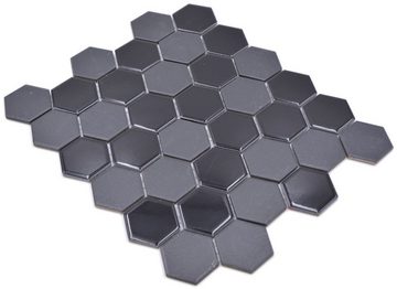 Mosani Bodenfliese Hexagon Keramikmosaik Mosaikfliesen schwarz matt / 10 Mosaikmatten