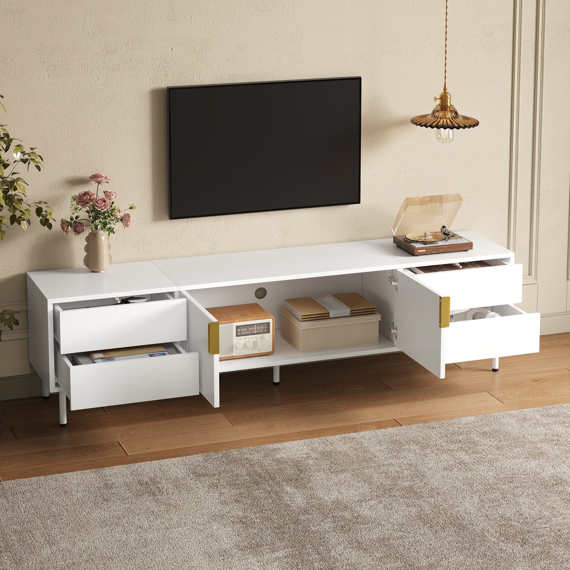 Odikalo TV-Schrank Lowboard Fernsehschrank mit Schubladen vertikalen Riffeltüren (TV Board 4 Schubladen Riffel-Doppeltüren Metallgriff Metallfüße Kabeldurchlass Wohnzimmer)