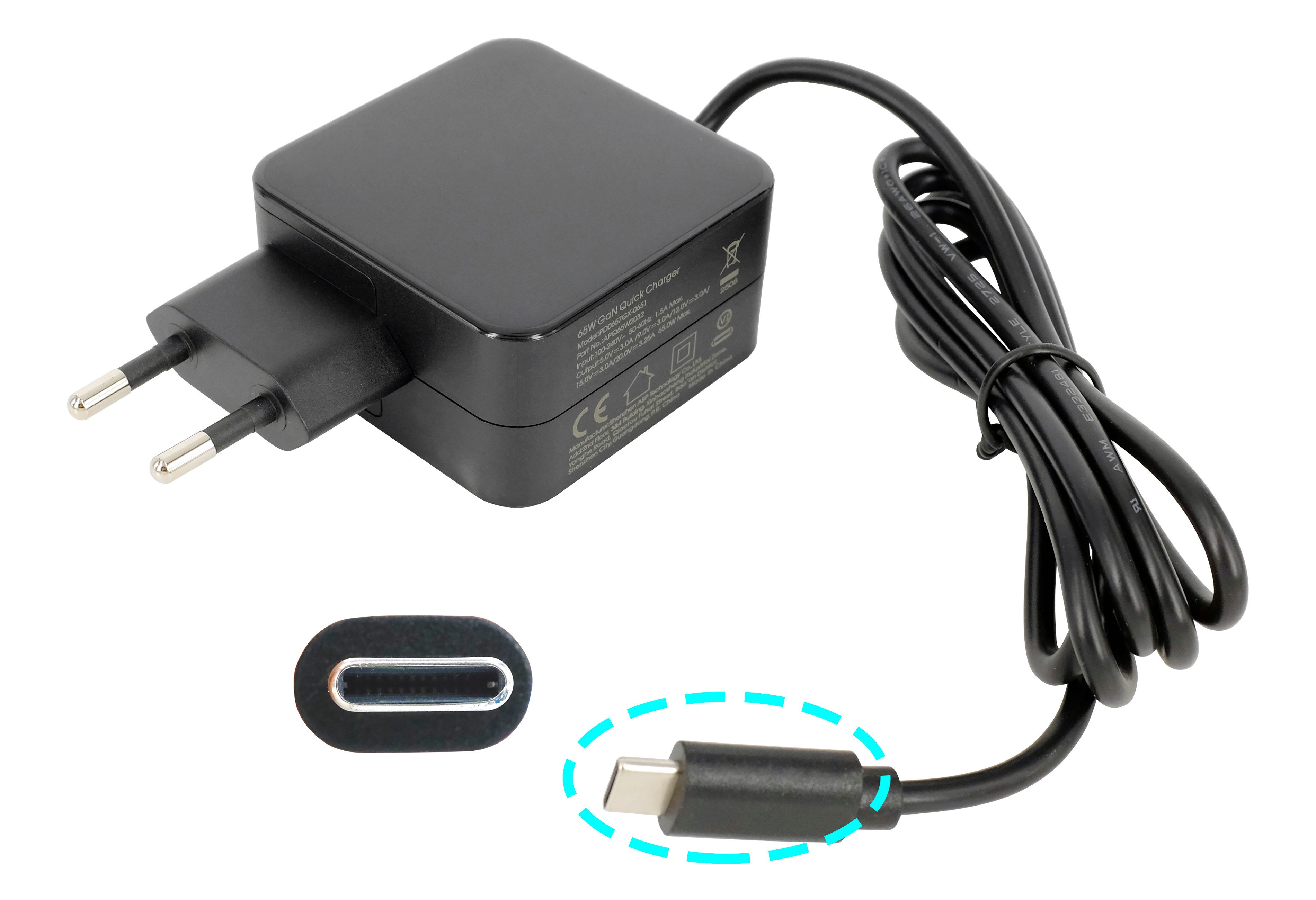 PowerSmart APQ652032.AP Batterie-Ladegerät (USB-C 65W GaN-Schnellladegerät, Kompatibel mit Huawei MateBook, Lenovo Thinkpad, MacBook Pro/Air, Spectre, ASUS Chromebook, Acer, Dell, Google, Samsung, Xiaomi Typ-C Netzteil)