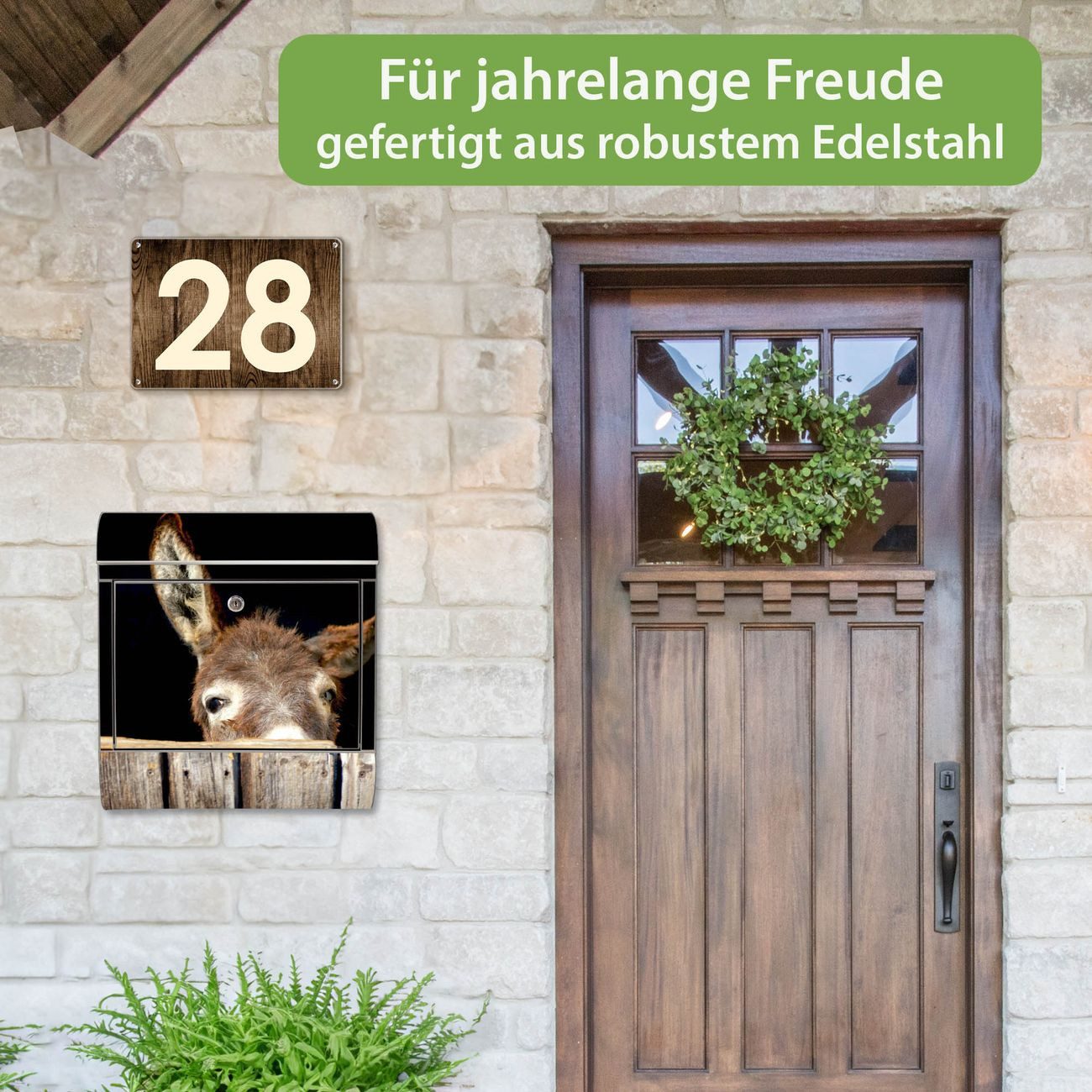 banjado Wandbriefkasten Edelstahl mit Motiv Esel (Wandbriefkasten groß, mit Zeitungsfach), 38 x 42,5 x12 cm