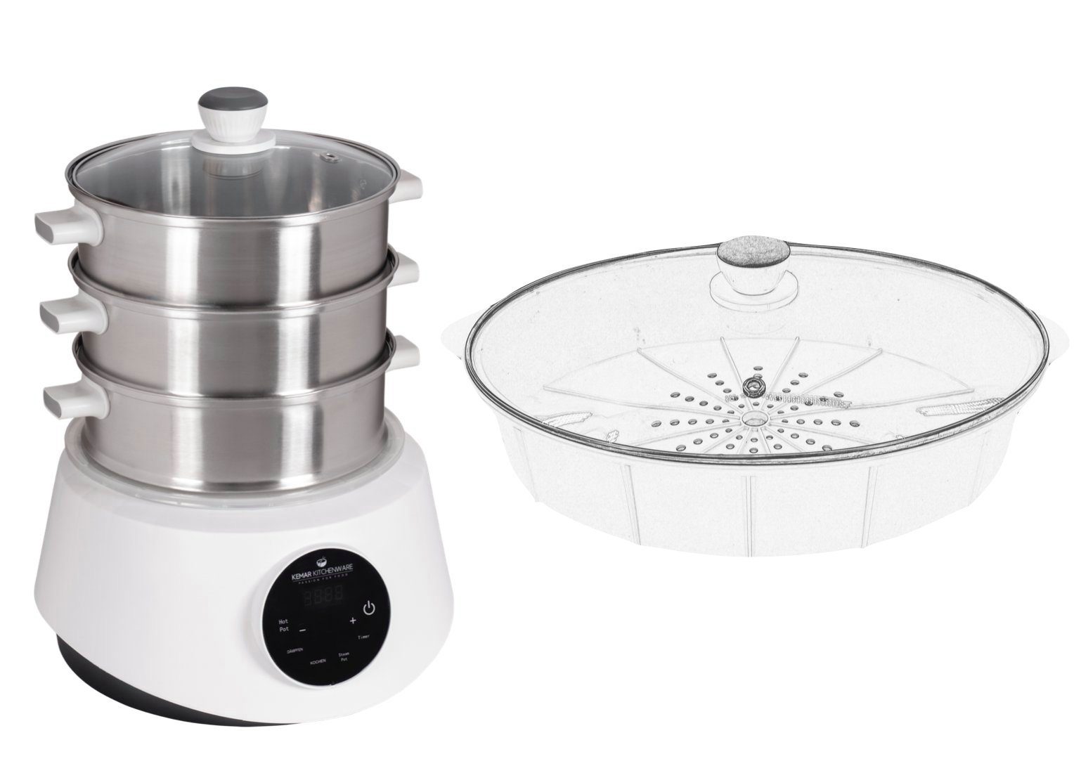 KeMar Kitchenware 4-in-1-Dampfgarer KFS-3000, 1200,00 W, Wassertank aus Edelstahl Dämpfkörbe aus Edelstahl, Glasdeckel