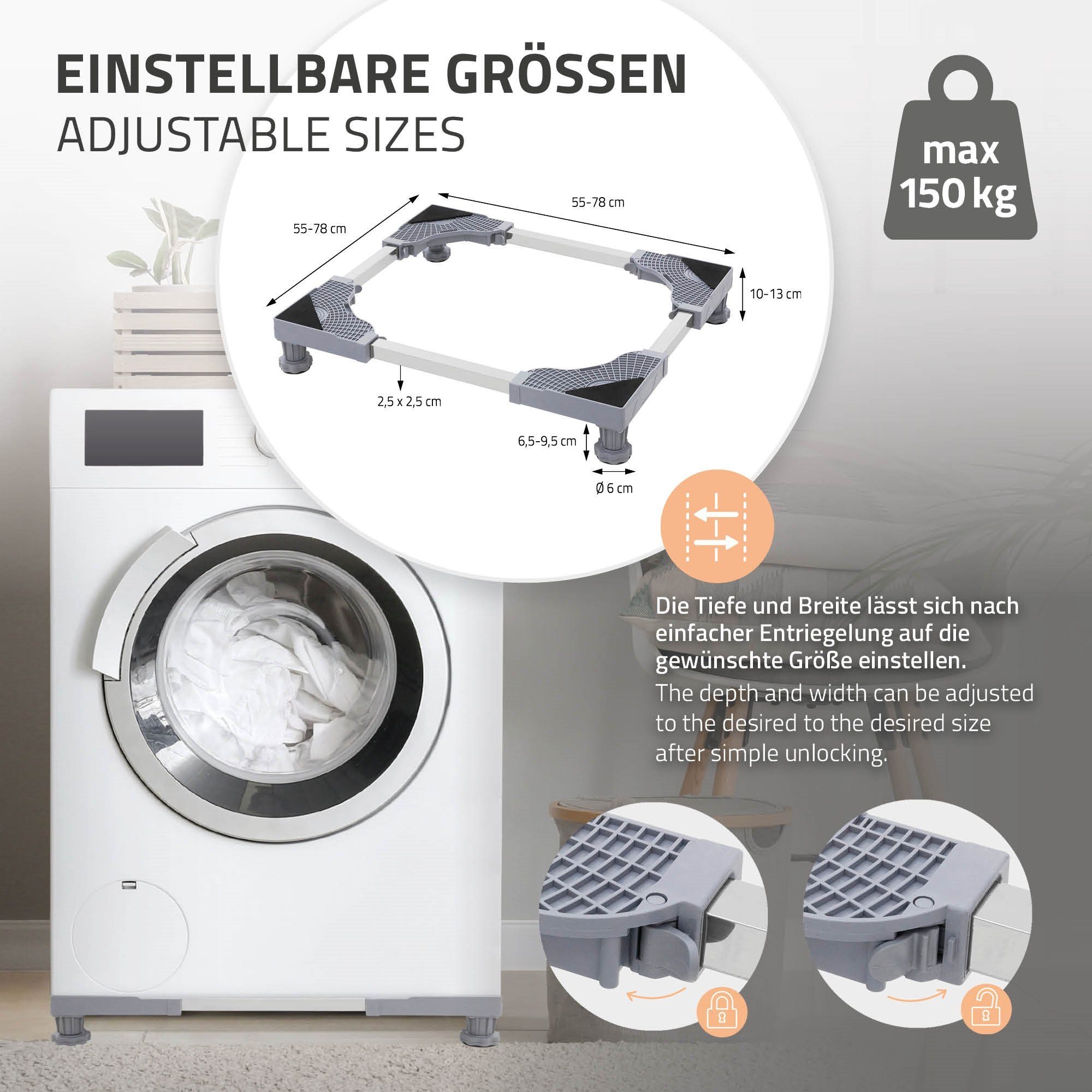 ECD Germany Waschmaschinenuntergestell Waschmaschinen Untergestell Podest  rutschfest für Kühlschrank&Trockner, beweglich mit 8 Füßen 4 Räder  verstellbar Breite 55-78cm Höhe 10-13cm