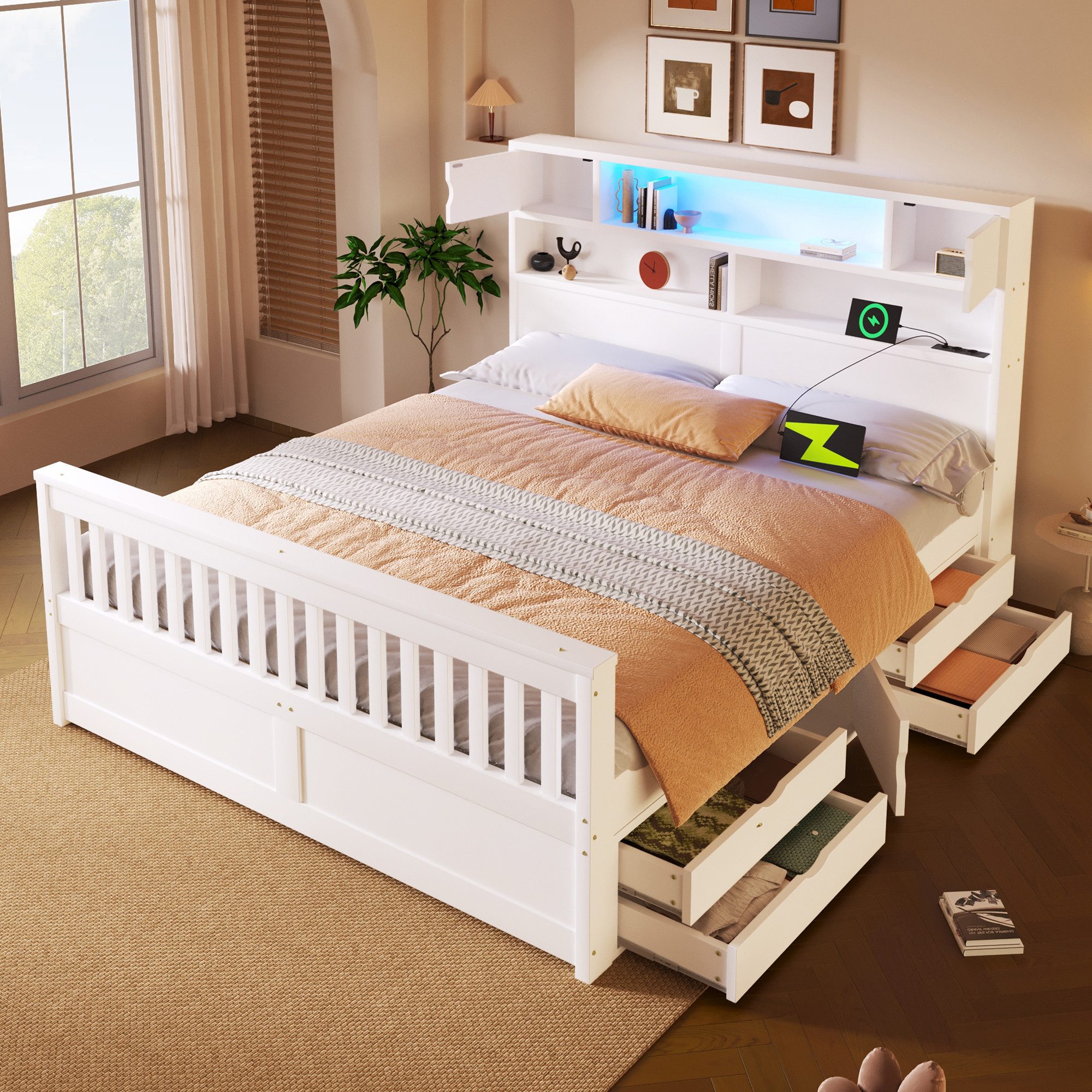 SOFTWEARY Stauraumbett mit Schubladen und RGB LED-Streifen (160x200 cm, mit Lattenrost, Type-C und USB, Regal am Kopfteil), Holzbett mit Stauraum, Doppelbett, Bettgestell