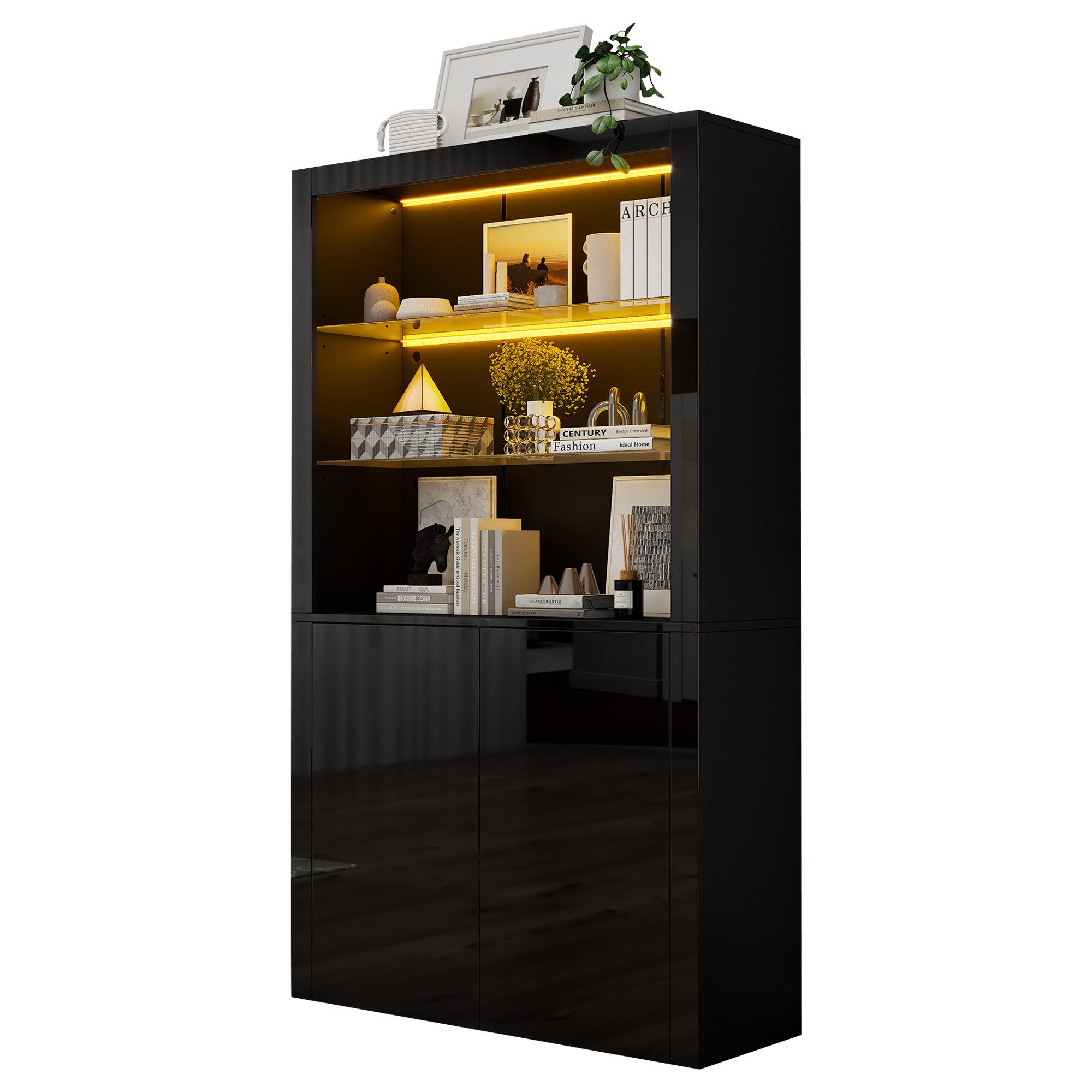 KLAM HOME Vitrine 100 x 35 x 170 cm Sofa-Sideboard, Hochglanz-Aufbewahrungsschrank (Vitrinenschränke mit LED-Leuchten, Displayschicht aus gehärtetem Glas) Vertikaler Hochschrank für Wohnzimmer Esszimmer, MDF, Weiß