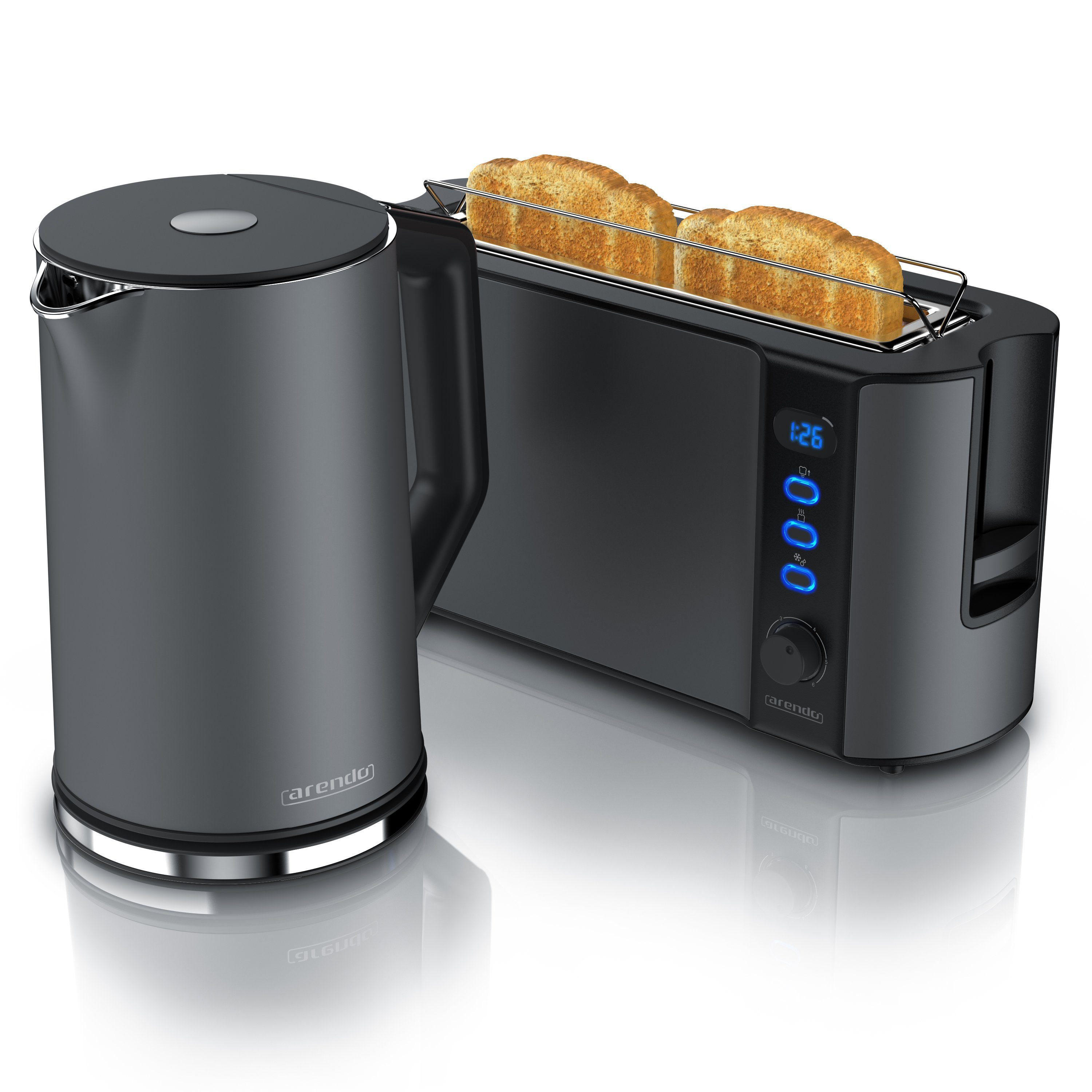 Arendo Frühstücks-Set Edelstahl Wasserkocher 1,5l, 2-Scheiben Langschlitz Toaster, Cool Grey (2-tlg), Wasserkocher mit Temperaturwahl, Toaster mit Brötchenaufsatz