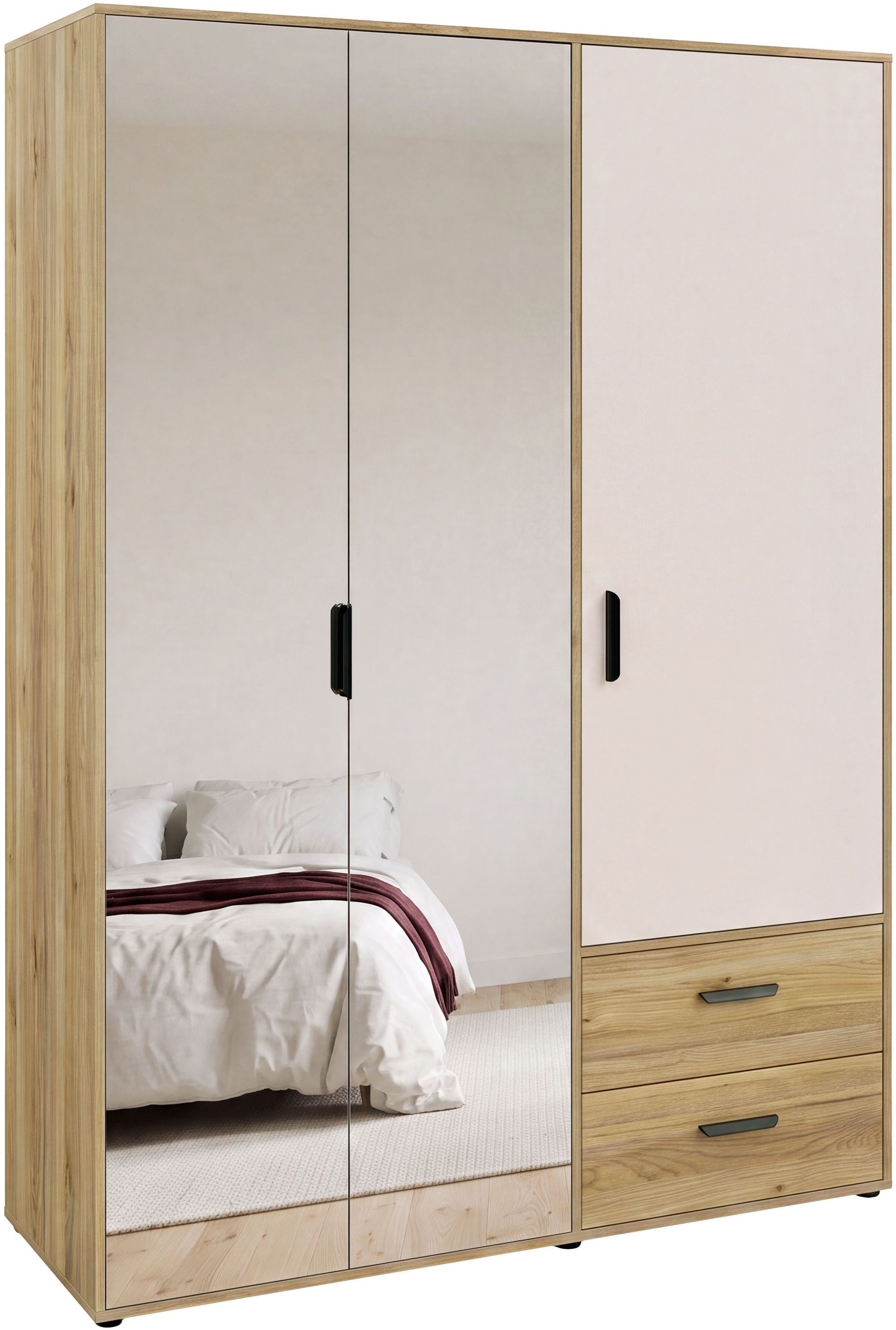 OTTO home Kleiderschrank Aalox, Spiegel, 3 Türen, 2 Schubladen, schwarze Griffe (B/H/T ca. 144/200/53) zeitloses Design