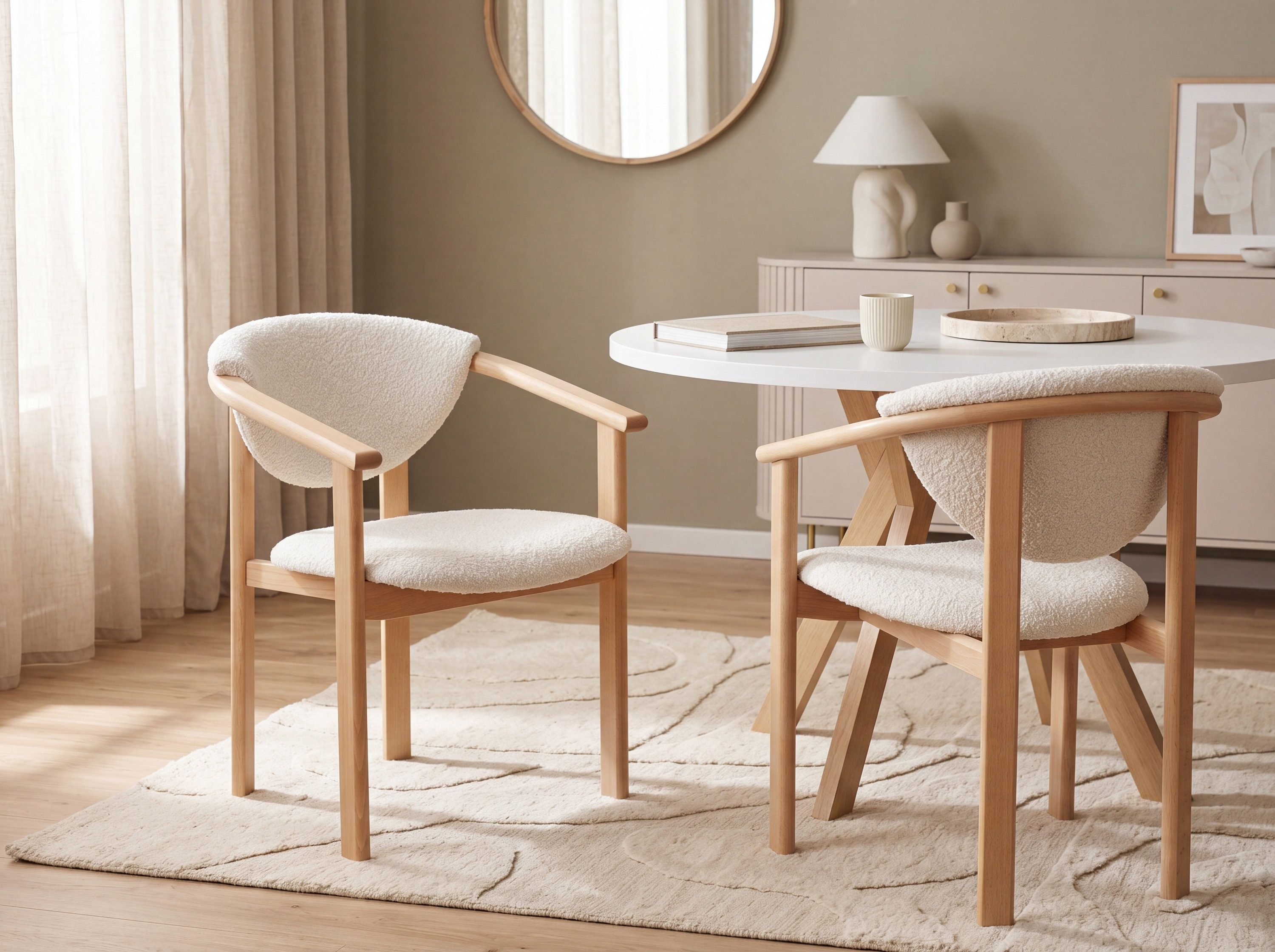 WFL GROUP Esszimmerstuhl Kalla 2er Set Creme Boucle Polsterstuhl aus Massivem Buchenholz (MADE IN EU), Mit Armlehnen, Scandi-Japandi-Stil, fertig montiert, für Esszimmer