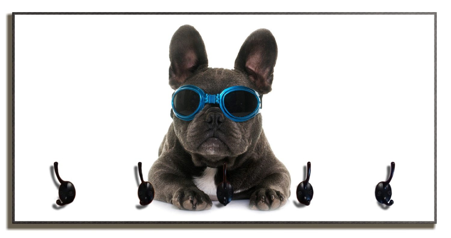 Wallario Garderobenpaneel Cooler Hund mit Sonnenbrille in blau - Französische Bulldogge (1-teilig, inkl. Haken und Befestigung), 80x40cmHolz