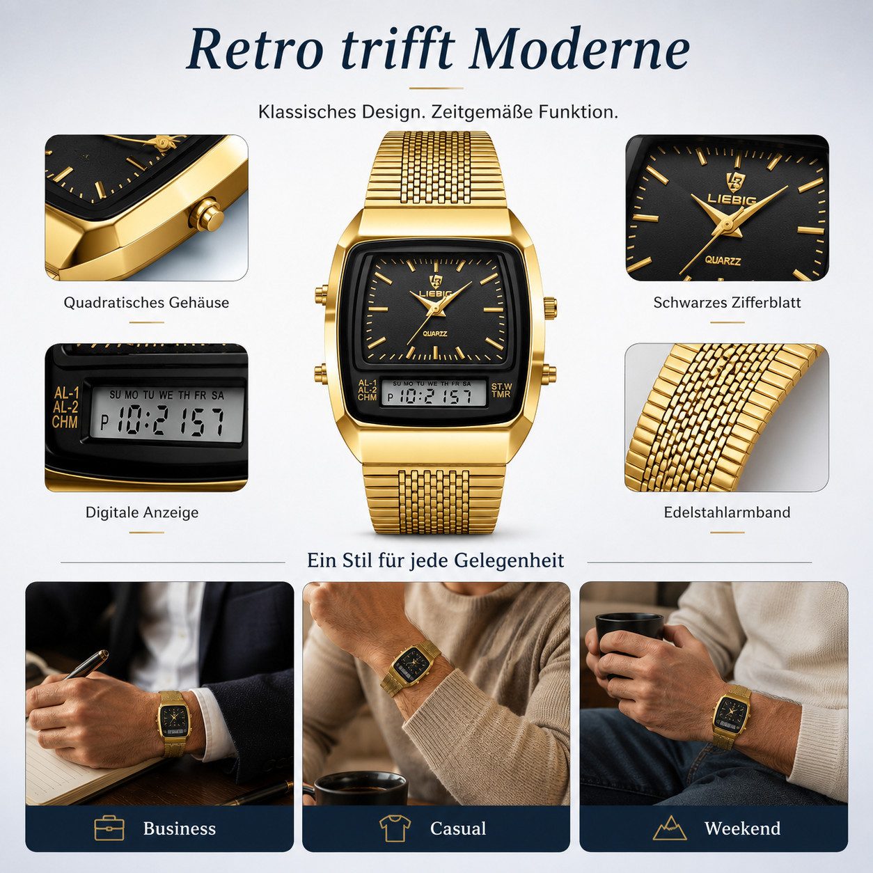 Forrlite Quarzuhr Herren Quarzuhr Analog & Digital, (Retro Armbanduhr mit Edelstahlarmband, Datum, Wochentag, Alarm, Stoppuhr), 12/24H Anzeige, 3 ATM Spritzwassergeschützt