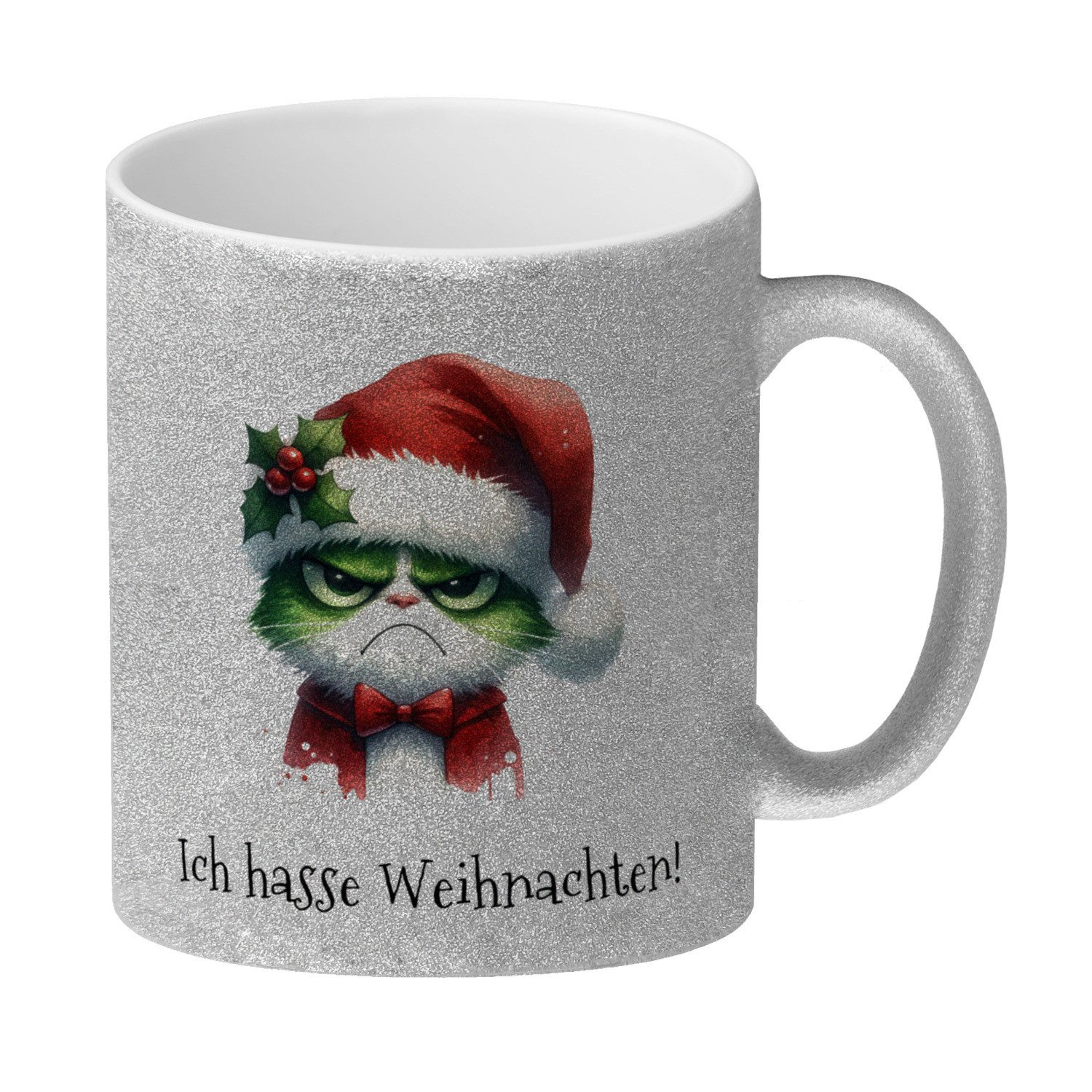 Tasse Weihnachtsmuffel Katze Glitzer Kaffeebecher und Spruch Ich hasse