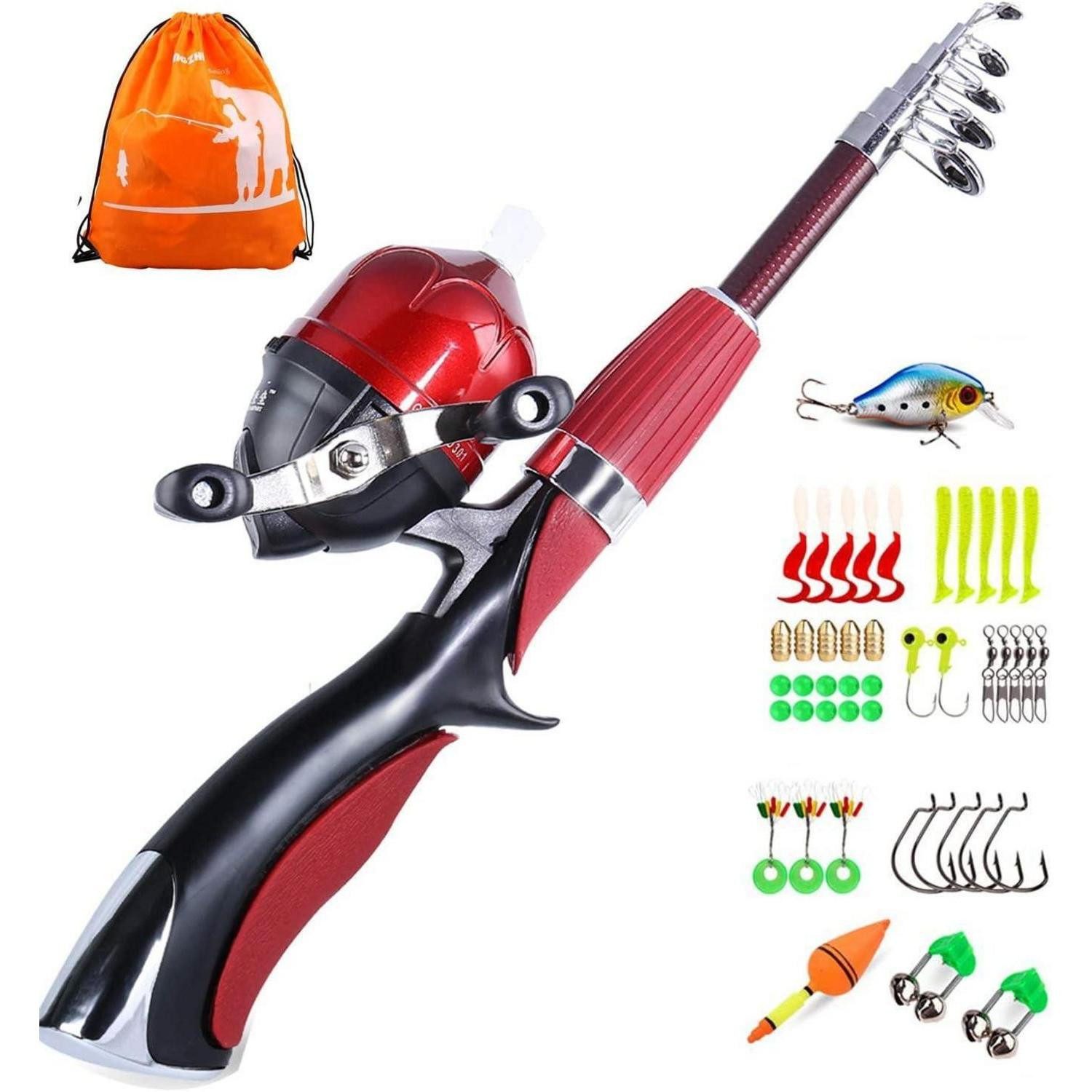 Spinnrute Angelrute Spincast Reel Teleskop Combo Kit Kids D-Red