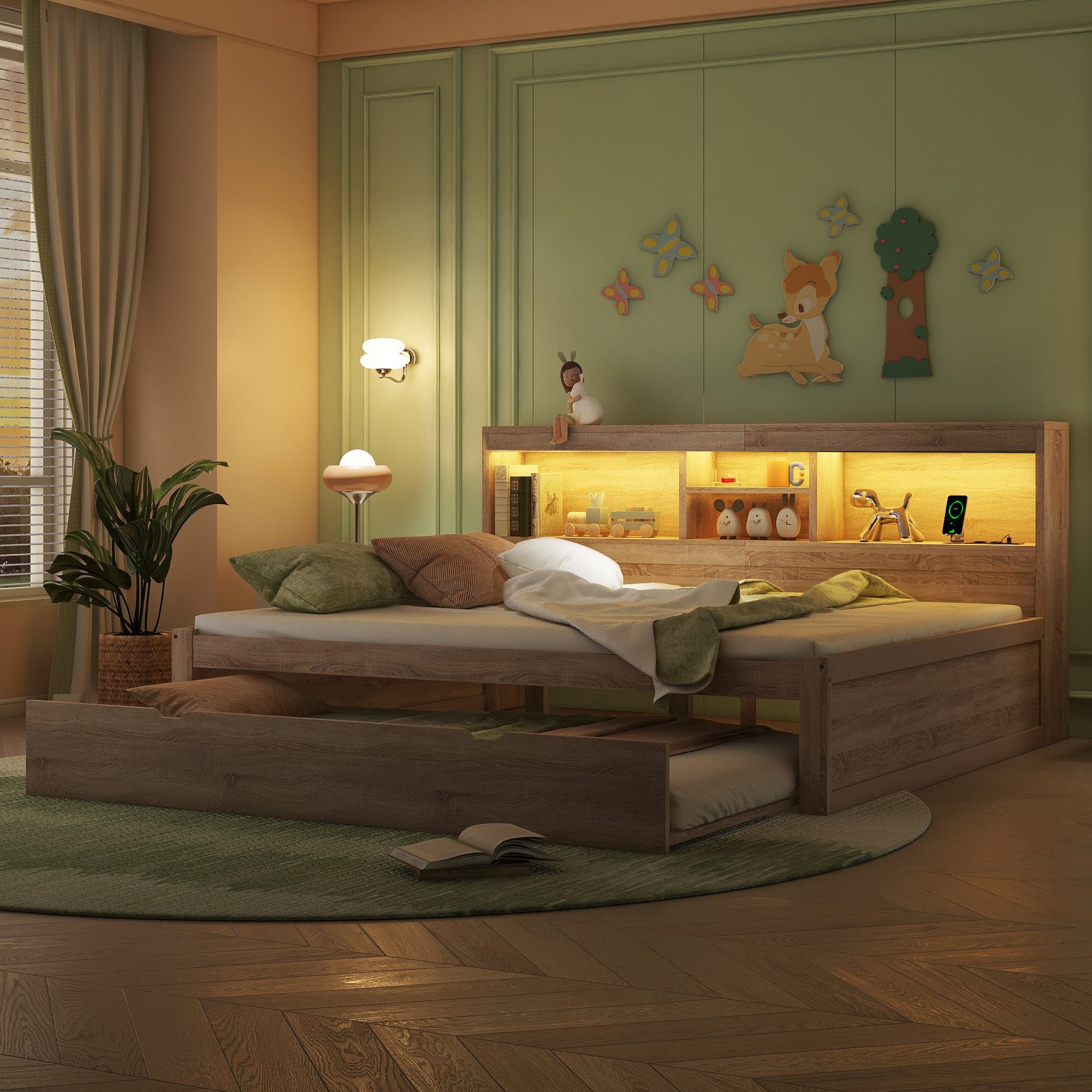Flieks Kinderbett, LED Daybett Holzbett 140x200cm günstig online kaufen