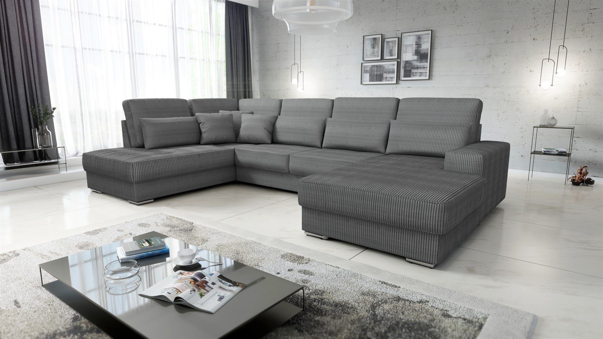 Fun Möbel Wohnlandschaft Sofa U-Form NEVIO in Stoff Scala, mane Links oder Rechts, Rundumbezug Grau