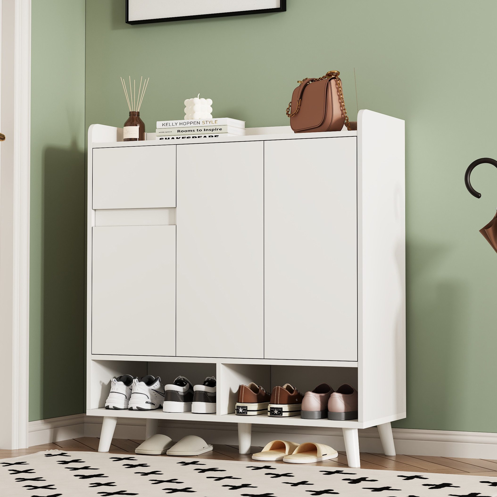 KLAM HOME Schuhschrank Schuhregal Kommode Sideboard mit verstellbaren Einlegeböden 99*35*90cm (für Single-Wohn- und Familiennutzung) mit Massivholzbeinen 1 Schu – Bild 5 von 5